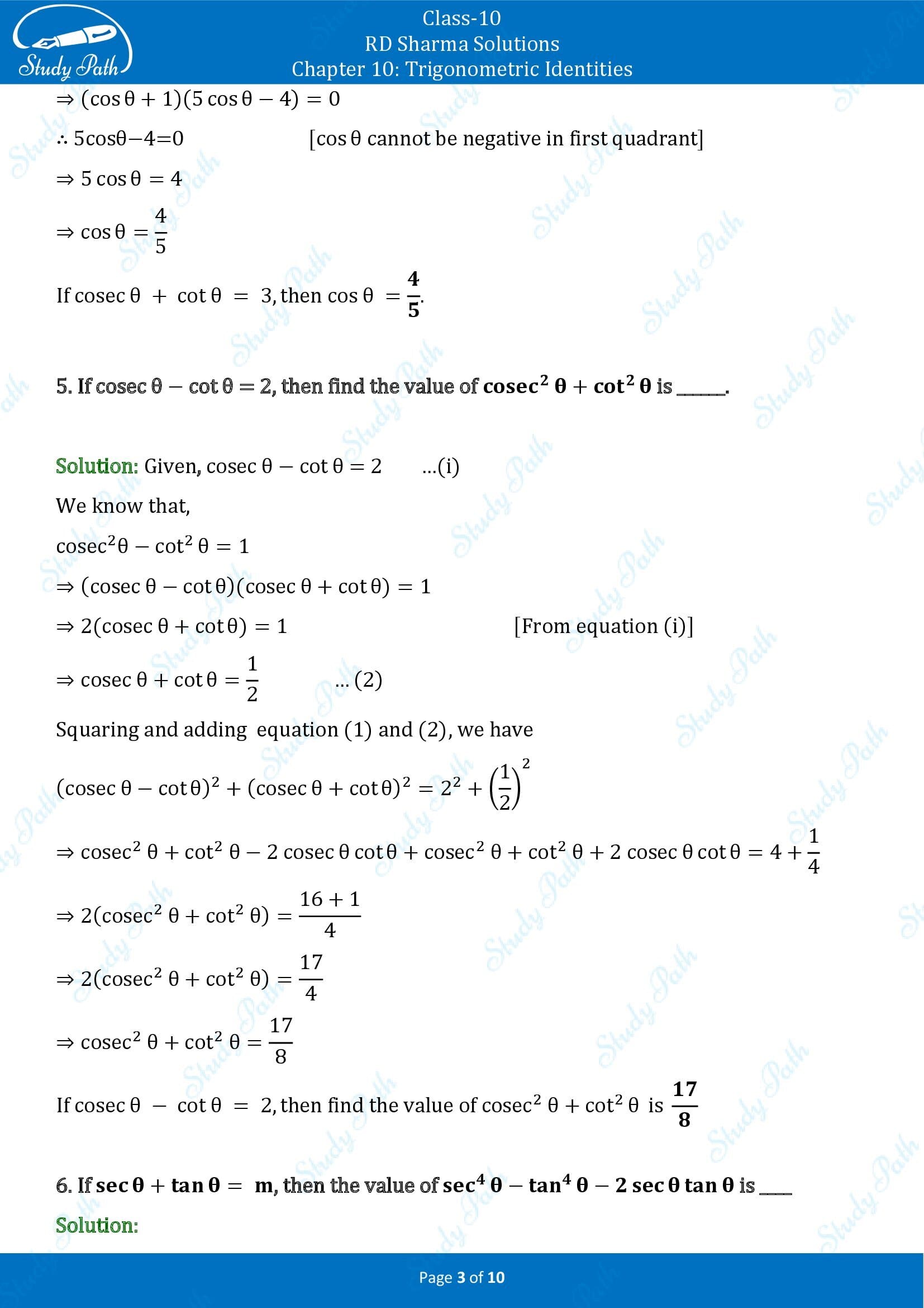 RD Sharma Solutions Class 10 Chapter 10 Trigonometric Identities Fill in the Blank Type Questions FBQs 00003