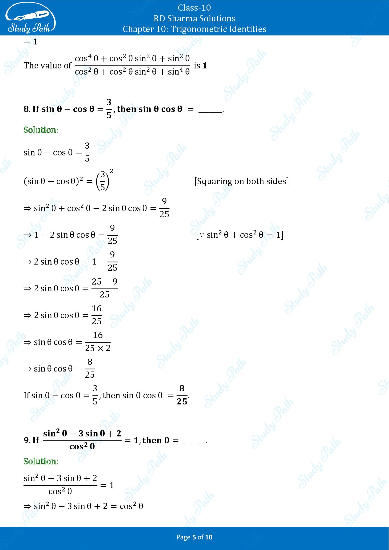 RD Sharma Solutions Class 10 Chapter 10 Trigonometric Identities Fill in the Blank Type Questions FBQs 00005