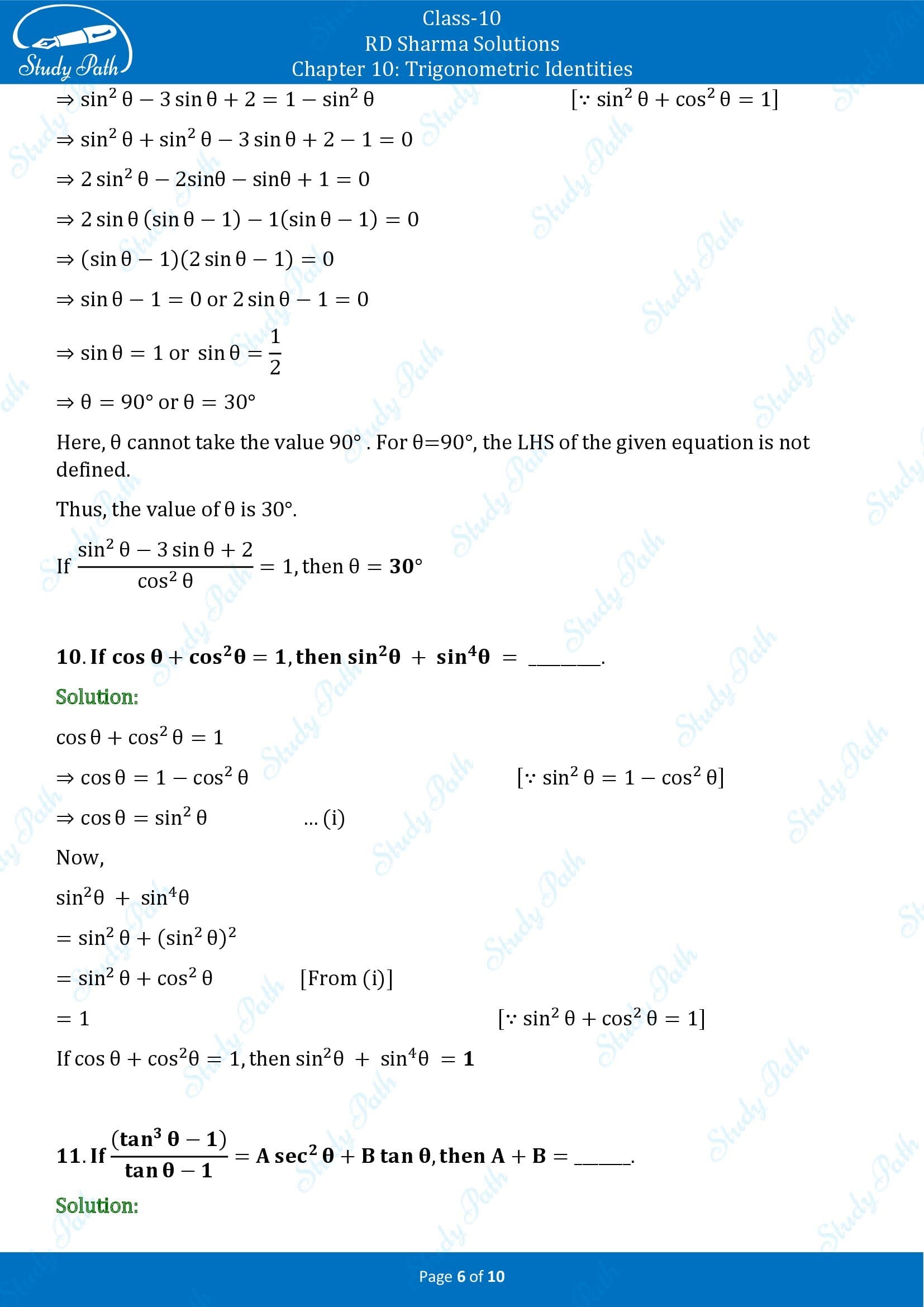 RD Sharma Solutions Class 10 Chapter 10 Trigonometric Identities Fill in the Blank Type Questions FBQs 00006