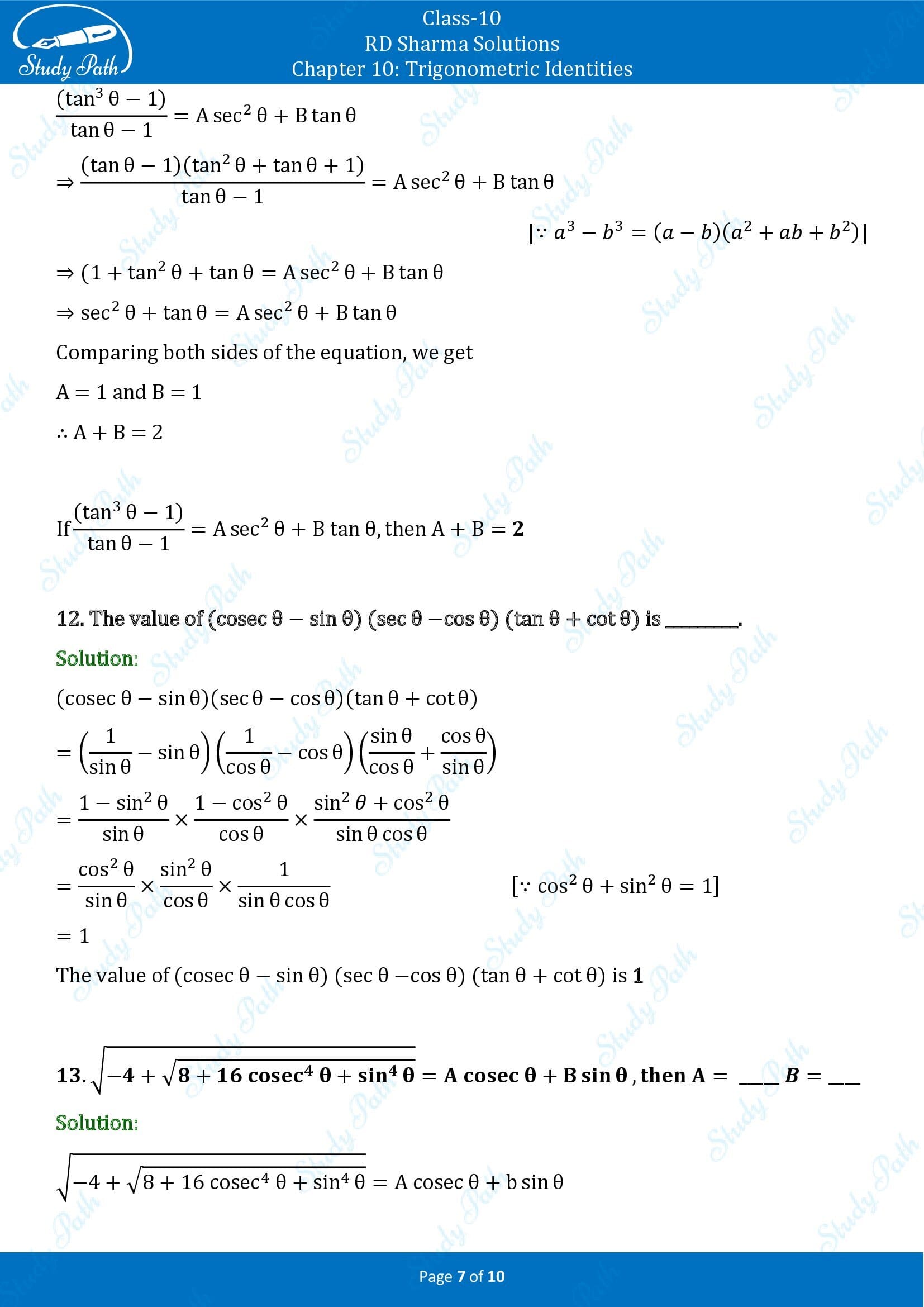 RD Sharma Solutions Class 10 Chapter 10 Trigonometric Identities Fill in the Blank Type Questions FBQs 00007