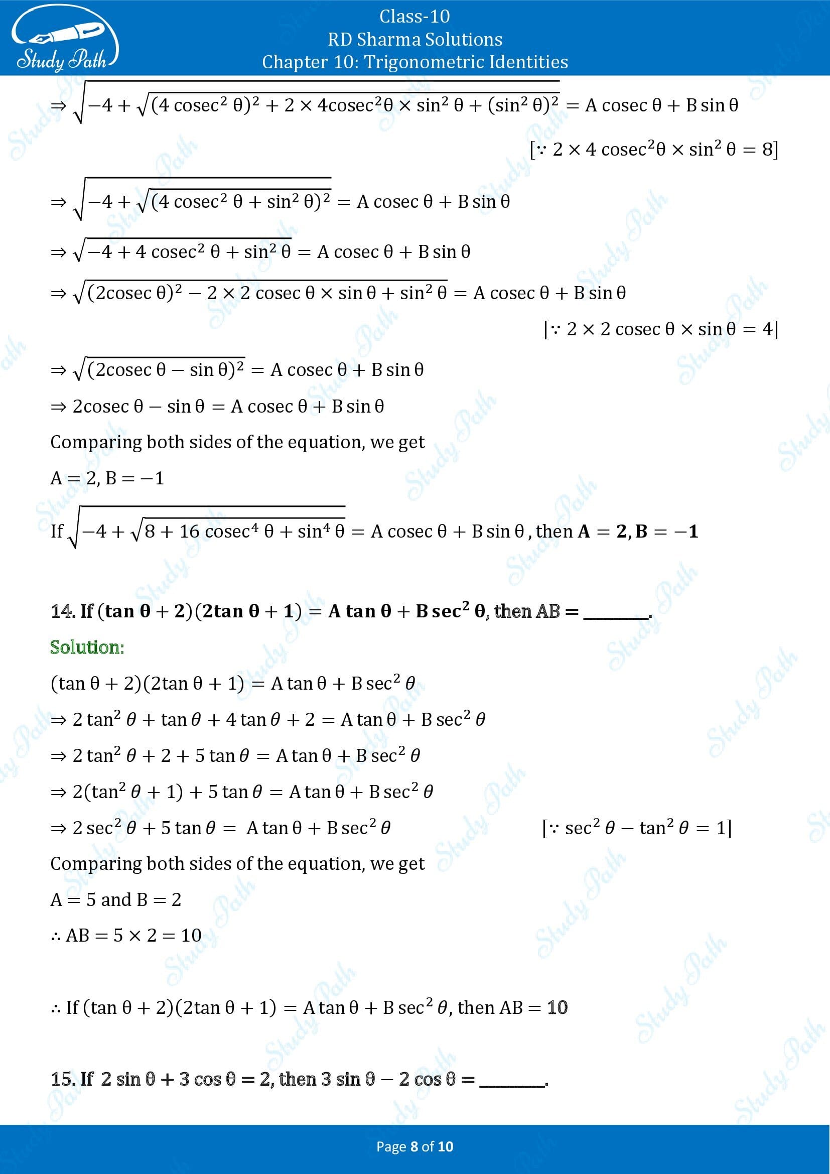 RD Sharma Solutions Class 10 Chapter 10 Trigonometric Identities Fill in the Blank Type Questions FBQs 00008