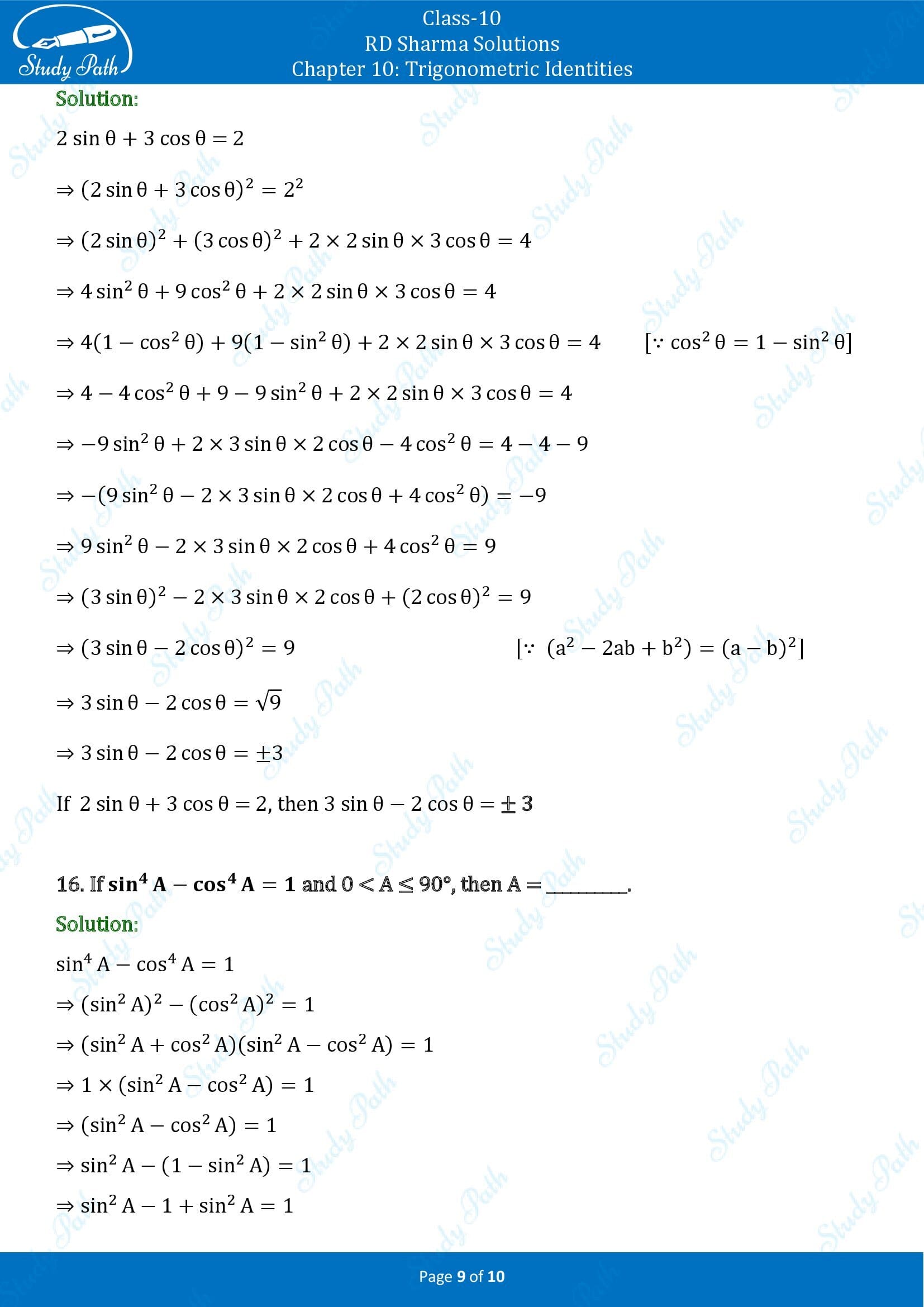 RD Sharma Solutions Class 10 Chapter 10 Trigonometric Identities Fill in the Blank Type Questions FBQs 00009