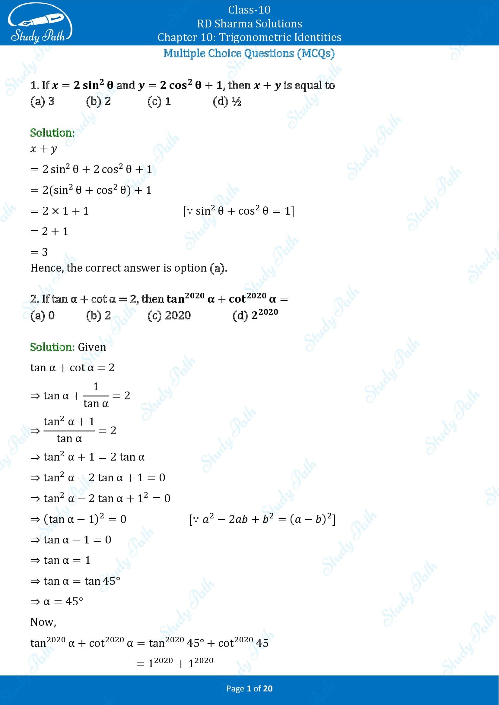 RD Sharma Solutions Class 10 Chapter 10 Trigonometric Identities Multiple Choice Questions MCQs 00001