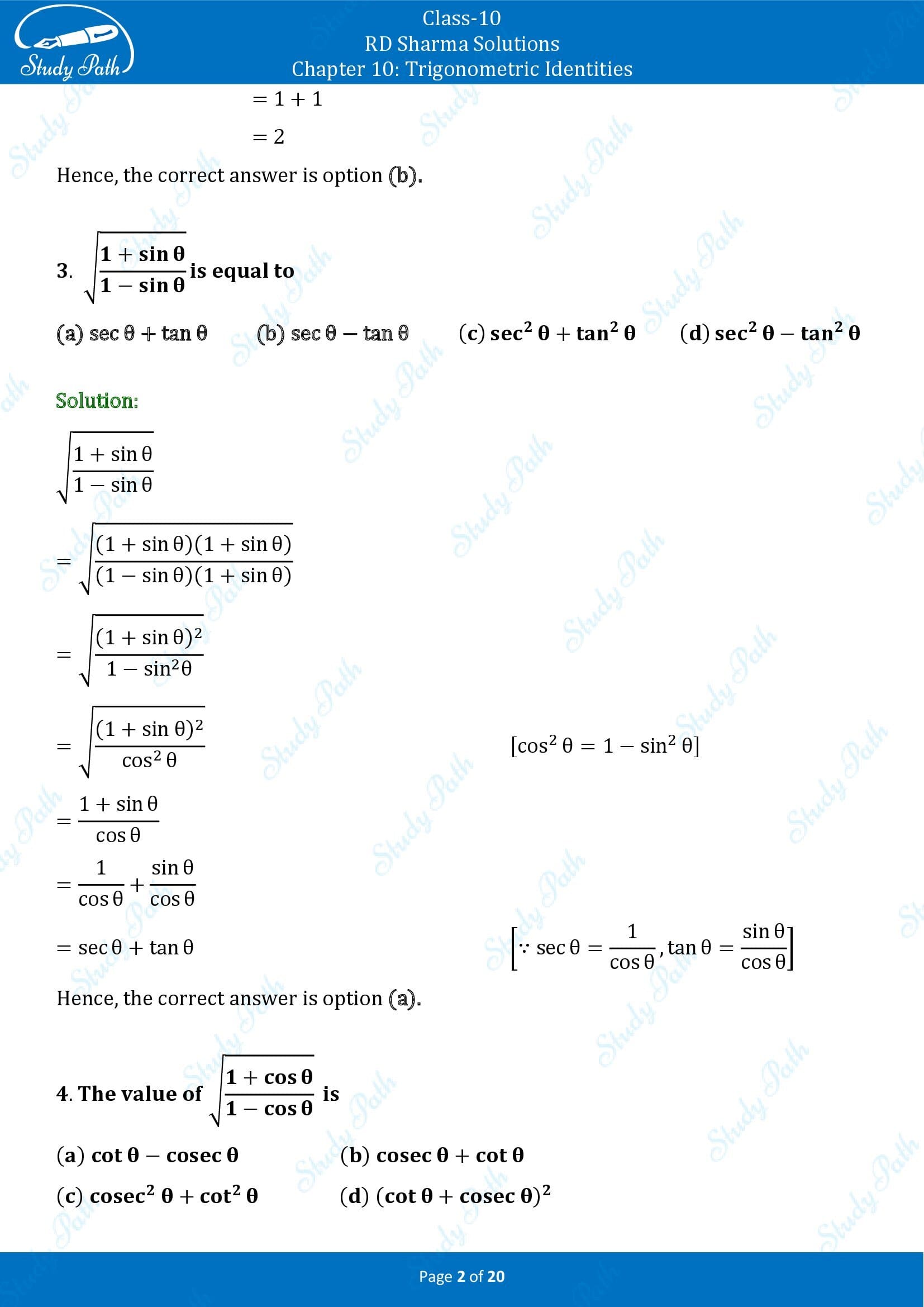 RD Sharma Solutions Class 10 Chapter 10 Trigonometric Identities Multiple Choice Questions MCQs 00002