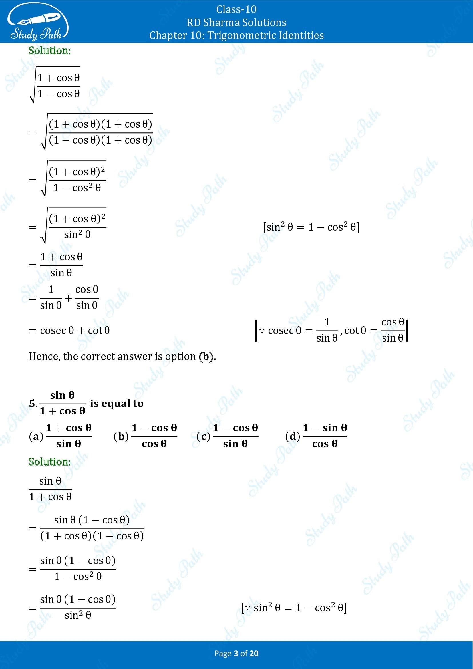 RD Sharma Solutions Class 10 Chapter 10 Trigonometric Identities Multiple Choice Questions MCQs 00003