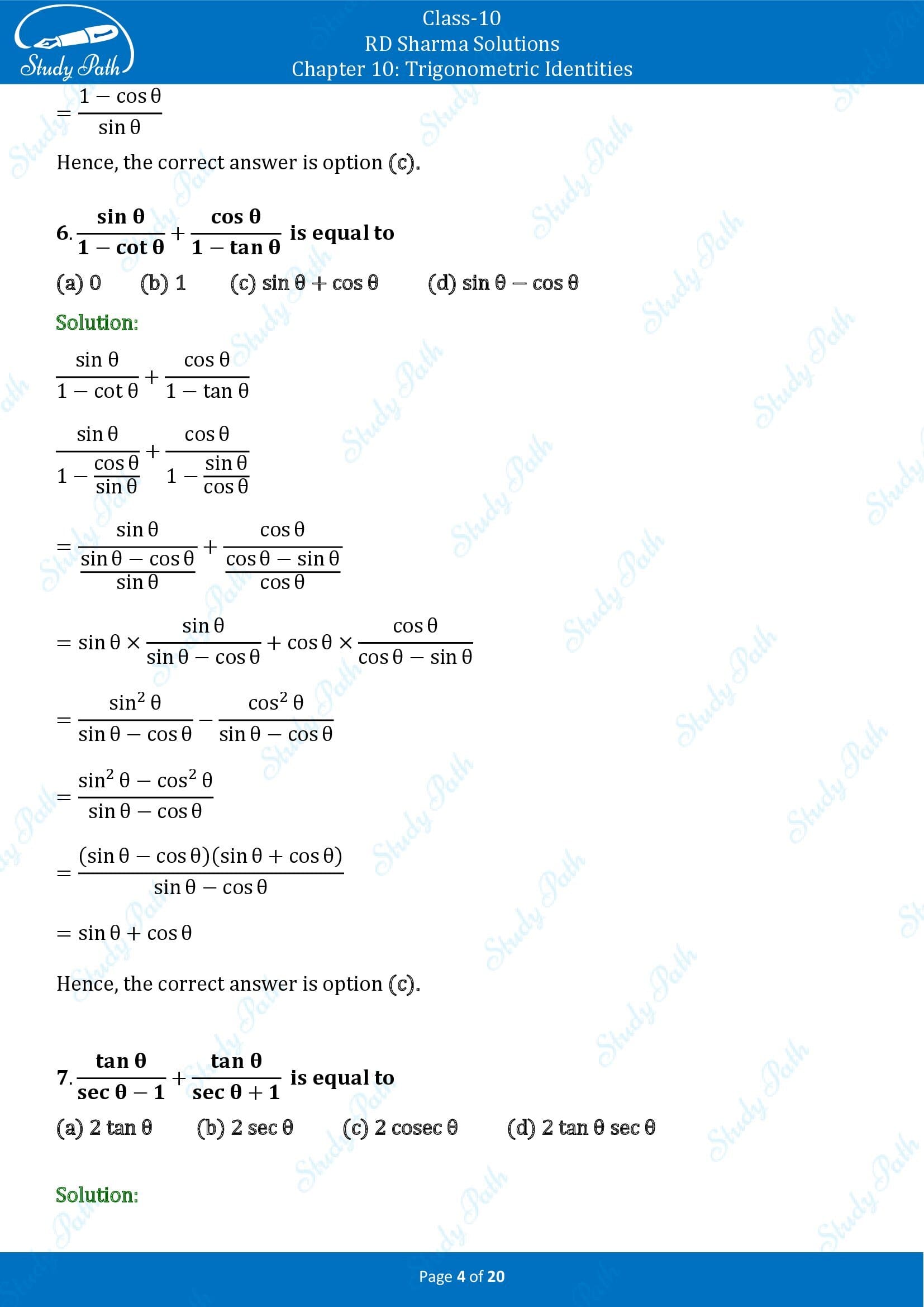 RD Sharma Solutions Class 10 Chapter 10 Trigonometric Identities Multiple Choice Questions MCQs 00004