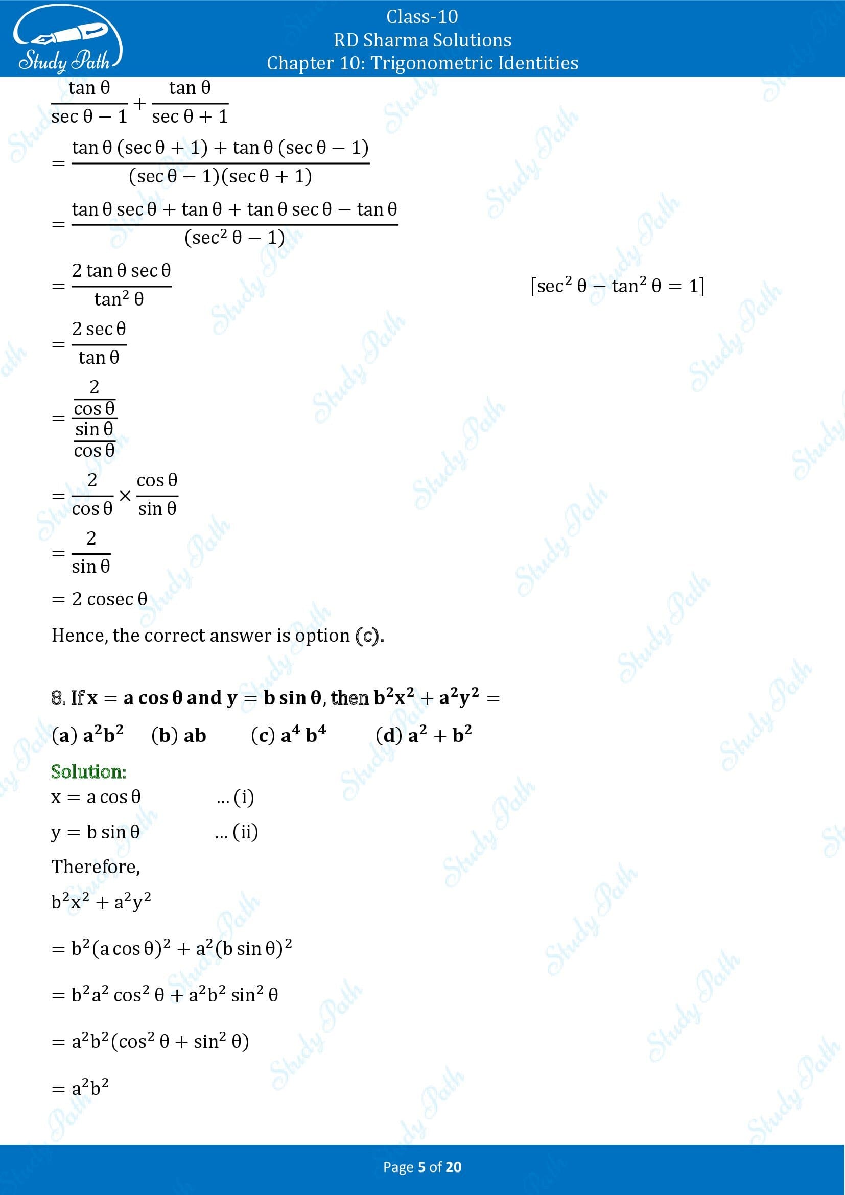 RD Sharma Solutions Class 10 Chapter 10 Trigonometric Identities Multiple Choice Questions MCQs 00005