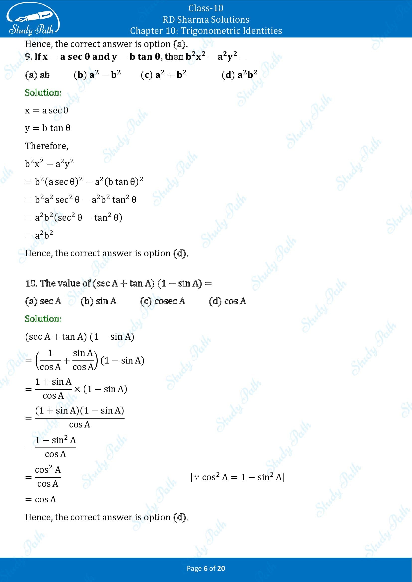 RD Sharma Solutions Class 10 Chapter 10 Trigonometric Identities Multiple Choice Questions MCQs 00006