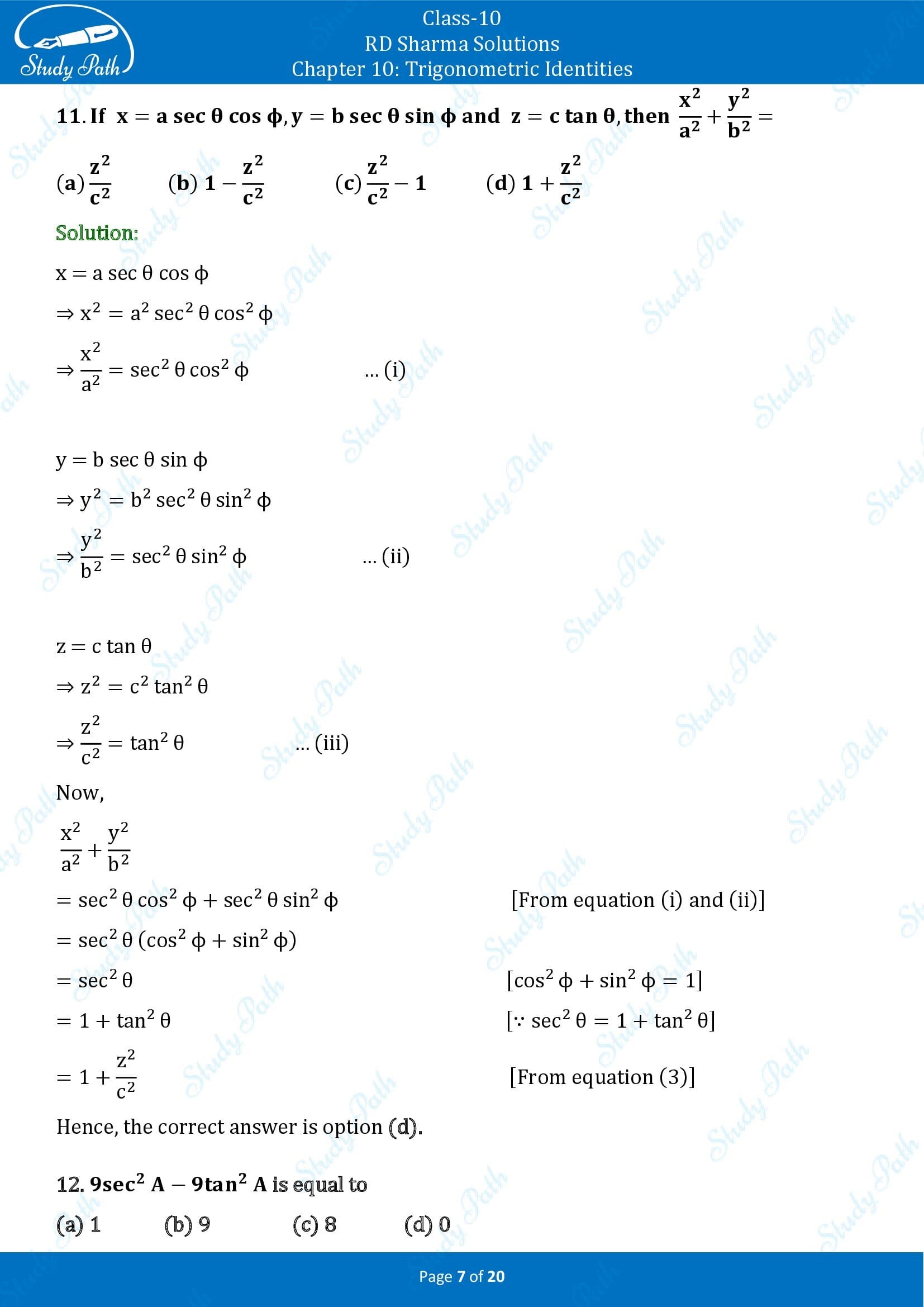 RD Sharma Solutions Class 10 Chapter 10 Trigonometric Identities Multiple Choice Questions MCQs 00007