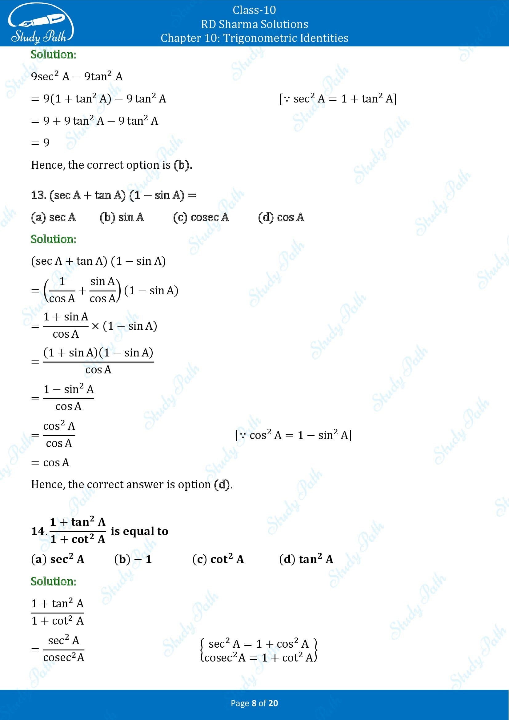 RD Sharma Solutions Class 10 Chapter 10 Trigonometric Identities Multiple Choice Questions MCQs 00008