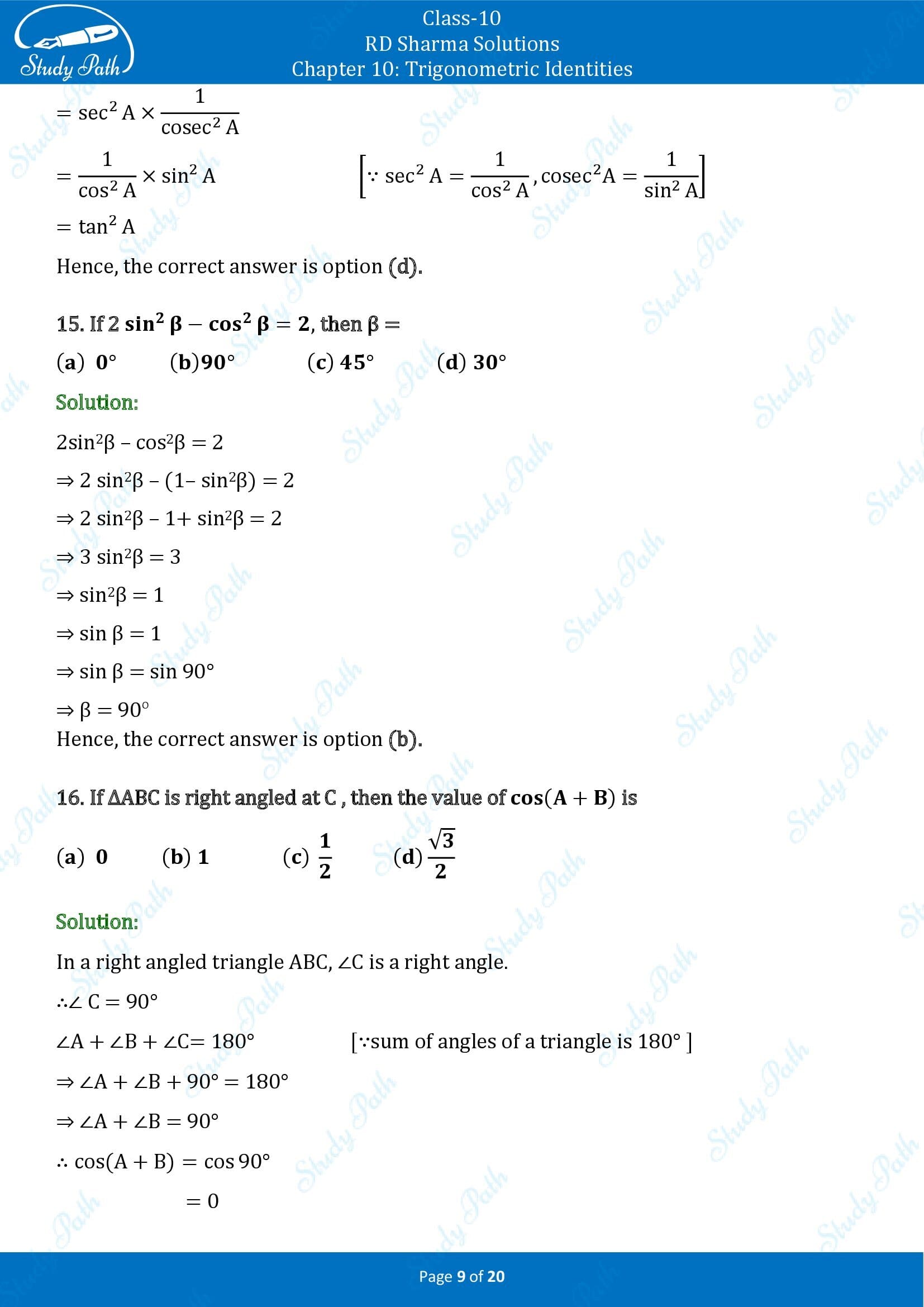 RD Sharma Solutions Class 10 Chapter 10 Trigonometric Identities Multiple Choice Questions MCQs 00009