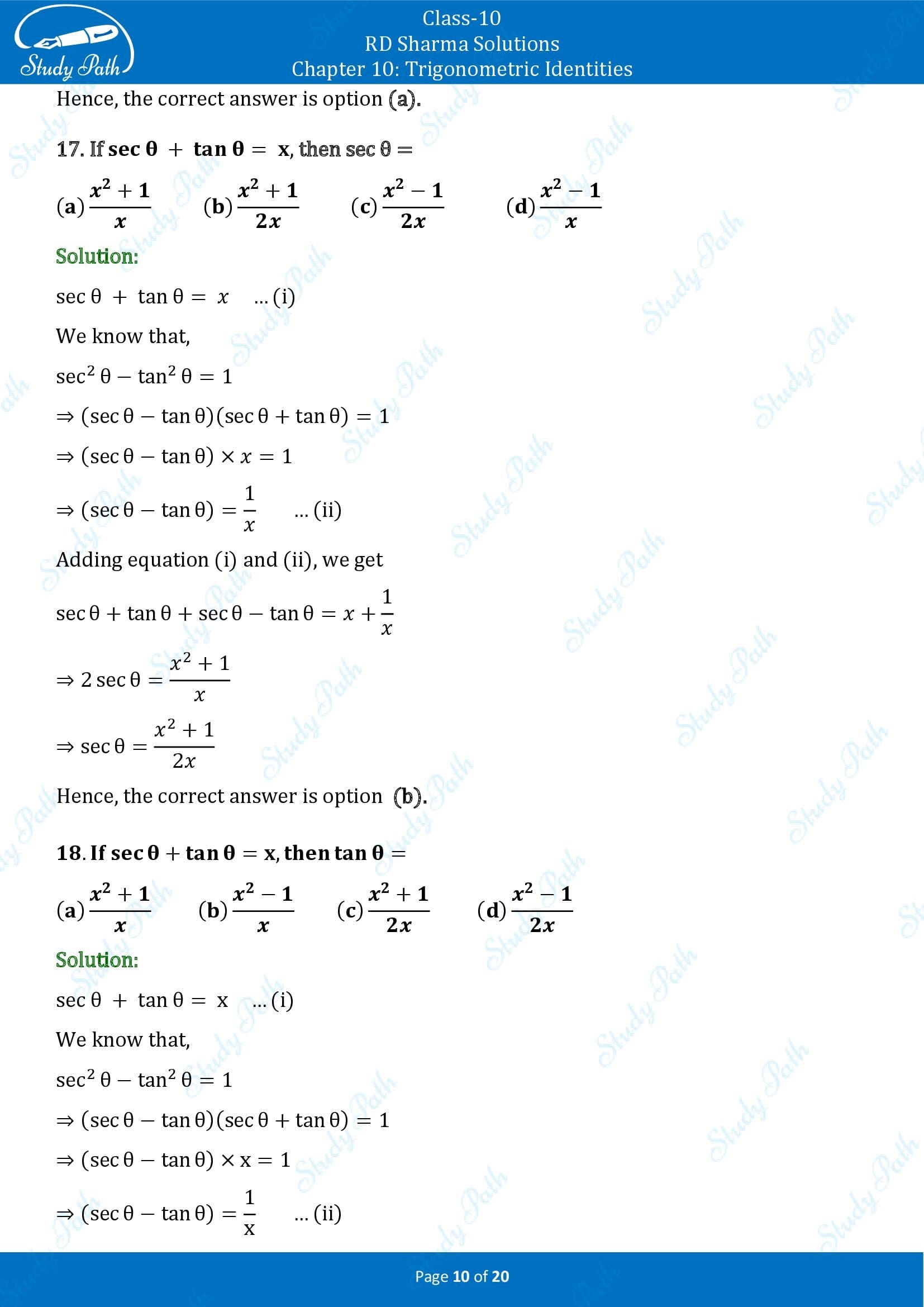 RD Sharma Solutions Class 10 Chapter 10 Trigonometric Identities Multiple Choice Questions MCQs 00010