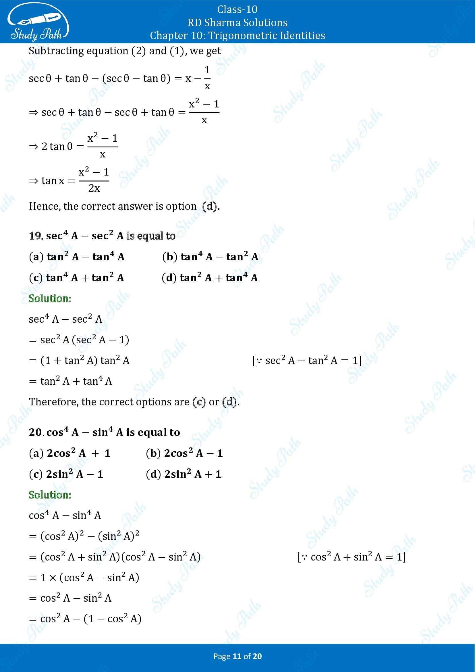 RD Sharma Solutions Class 10 Chapter 10 Trigonometric Identities Multiple Choice Questions MCQs 00011