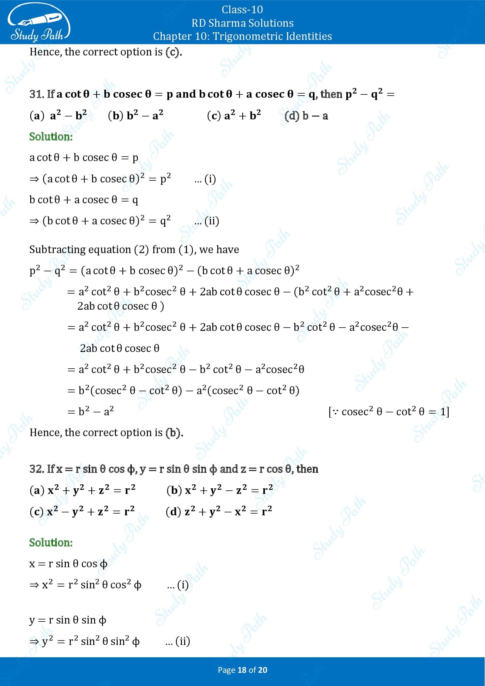 RD Sharma Solutions Class 10 Chapter 10 Trigonometric Identities Multiple Choice Questions MCQs 00018