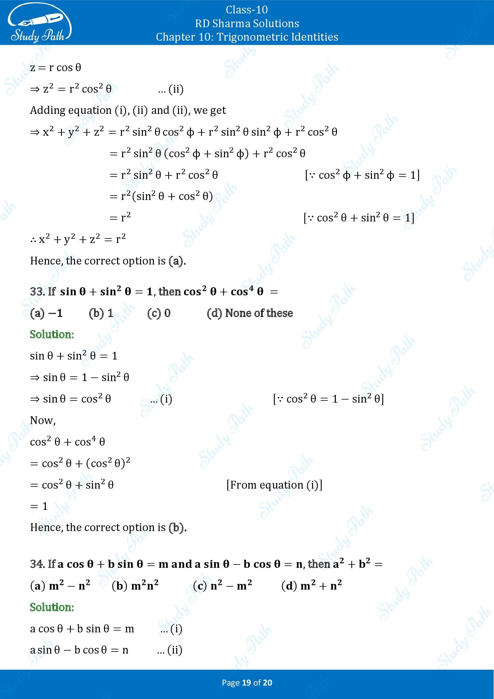 RD Sharma Solutions Class 10 Chapter 10 Trigonometric Identities Multiple Choice Questions MCQs 00019