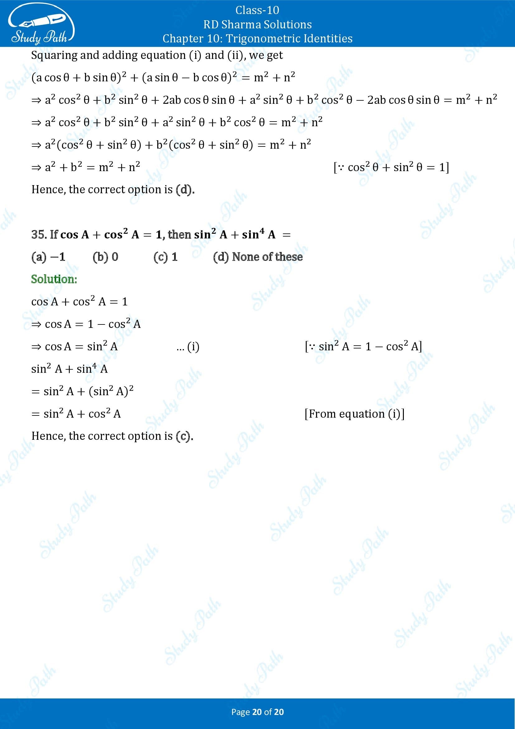 RD Sharma Solutions Class 10 Chapter 10 Trigonometric Identities Multiple Choice Questions MCQs 00020