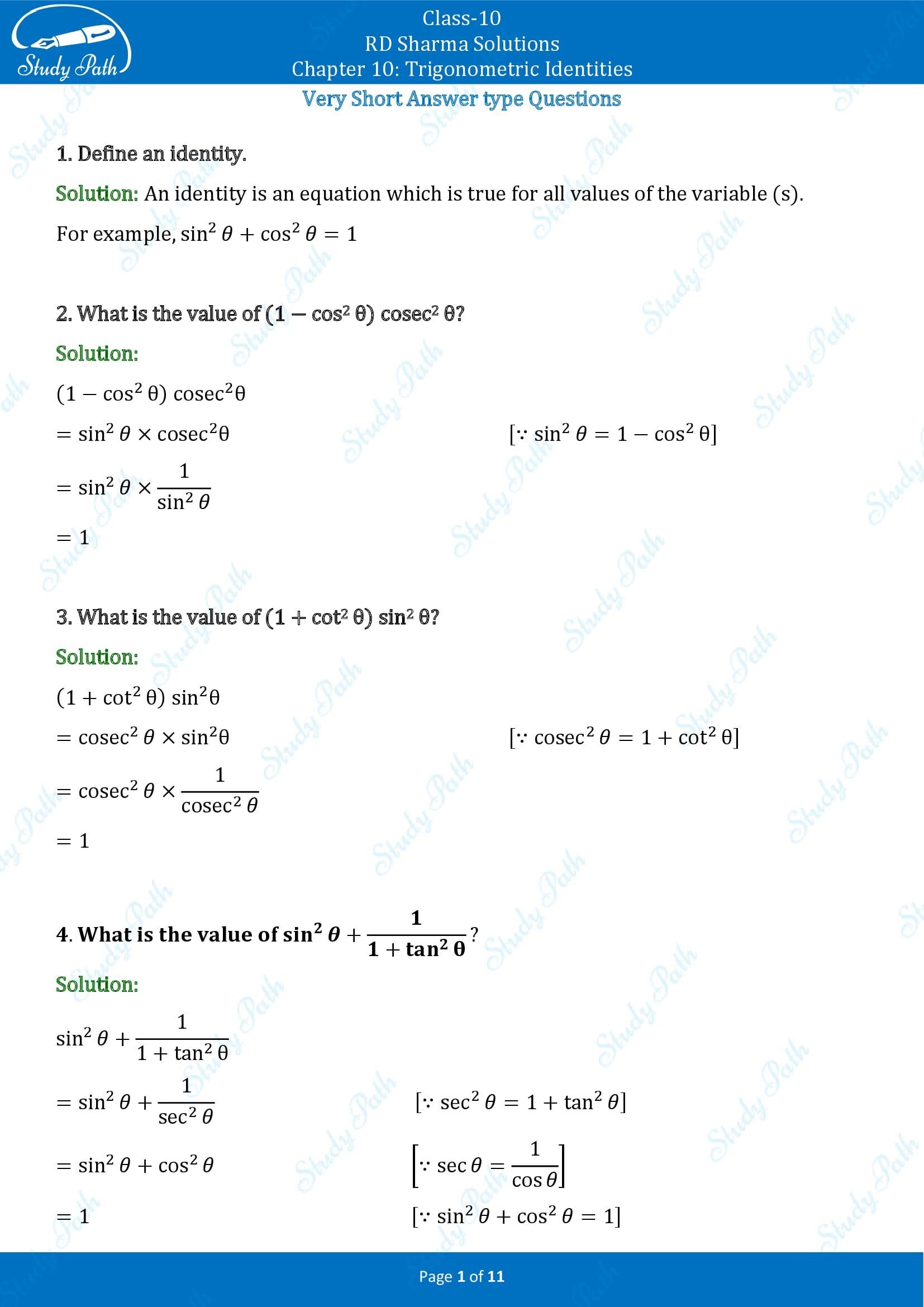 RD Sharma Solutions Class 10 Chapter 10 Trigonometric Identities Very Short Answer Type Questions VSAQs 00001