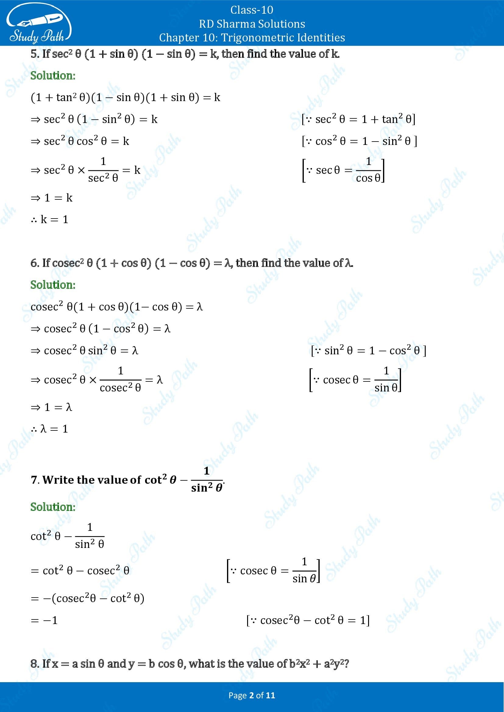 RD Sharma Solutions Class 10 Chapter 10 Trigonometric Identities Very Short Answer Type Questions VSAQs 00002