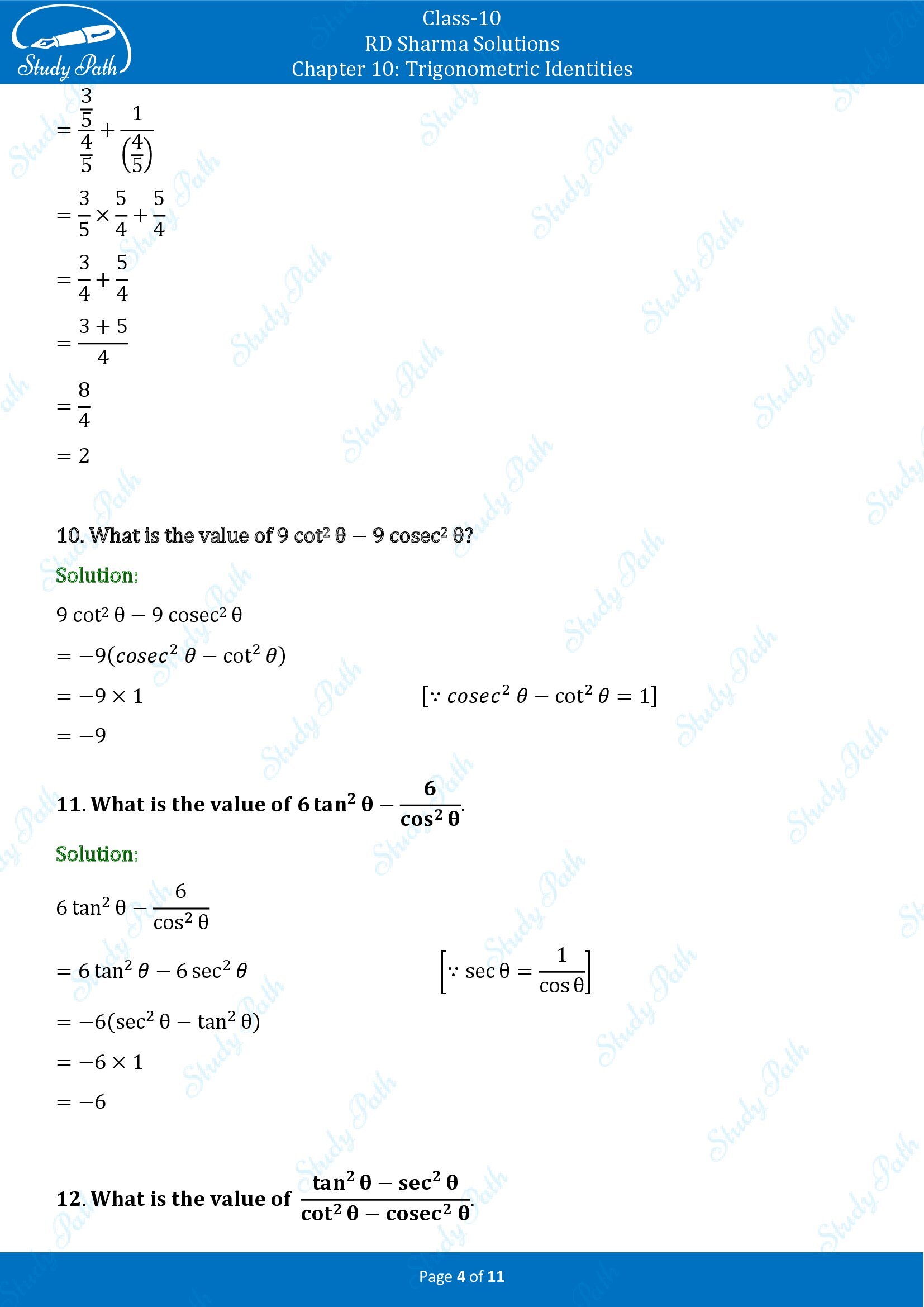 RD Sharma Solutions Class 10 Chapter 10 Trigonometric Identities Very Short Answer Type Questions VSAQs 00004