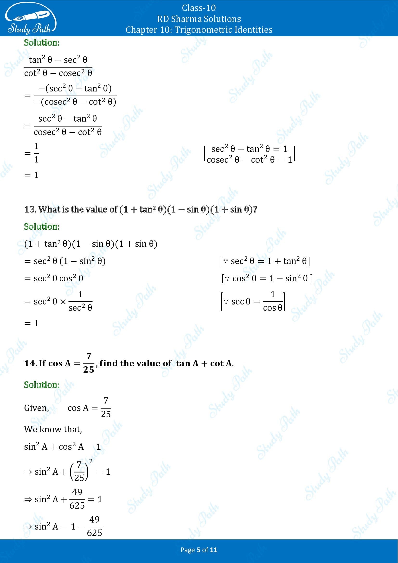 RD Sharma Solutions Class 10 Chapter 10 Trigonometric Identities Very Short Answer Type Questions VSAQs 00005