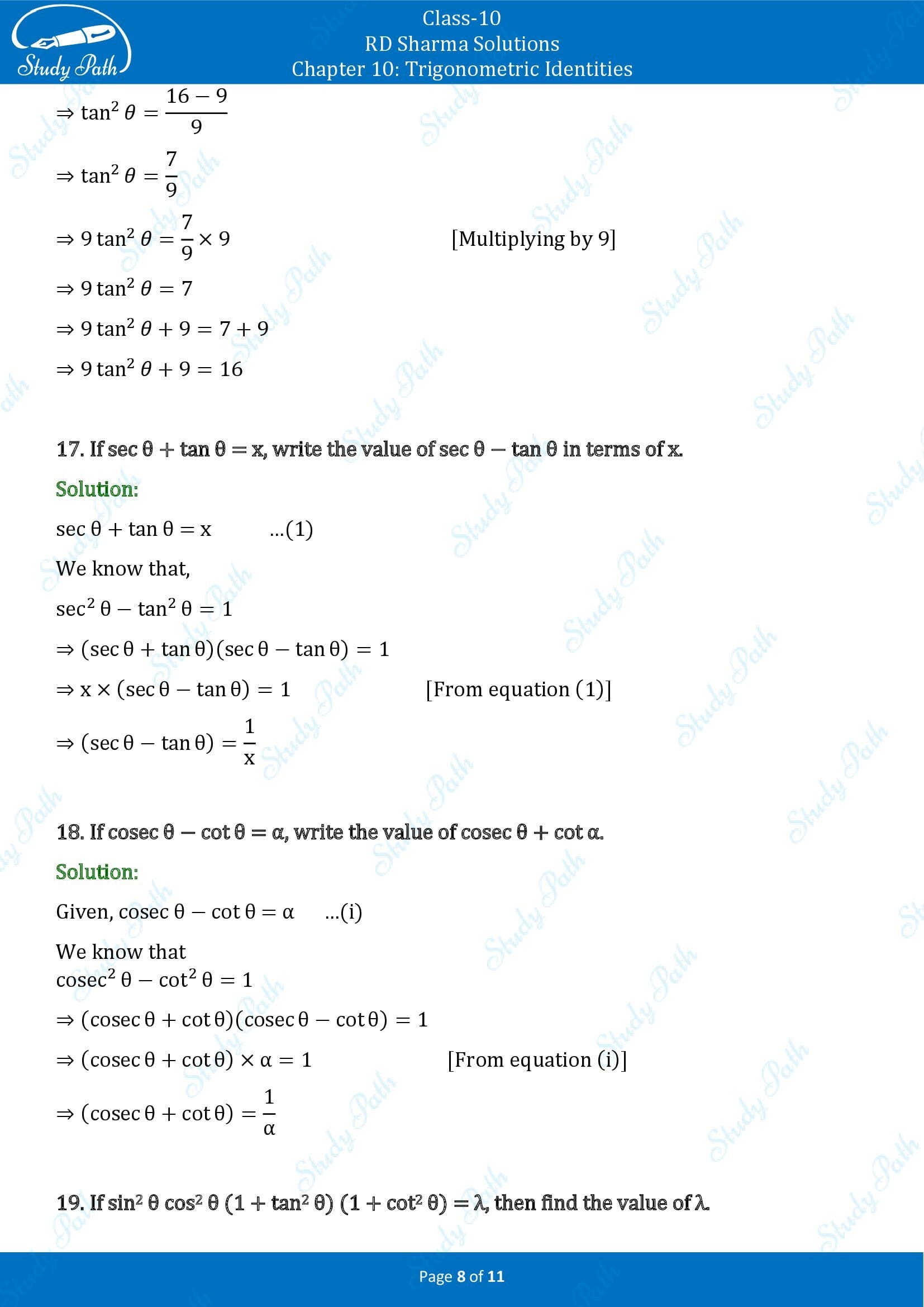 RD Sharma Solutions Class 10 Chapter 10 Trigonometric Identities Very Short Answer Type Questions VSAQs 00008