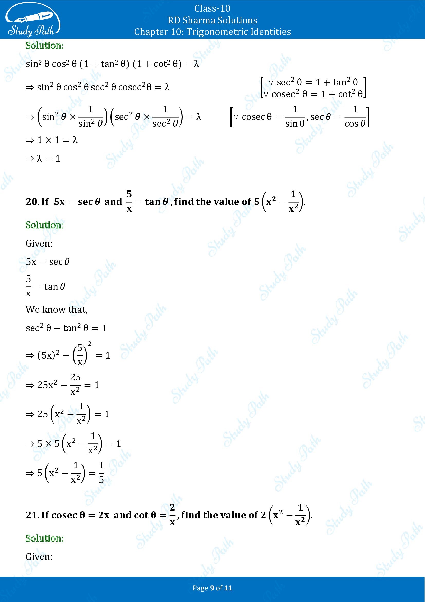 RD Sharma Solutions Class 10 Chapter 10 Trigonometric Identities Very Short Answer Type Questions VSAQs 00009