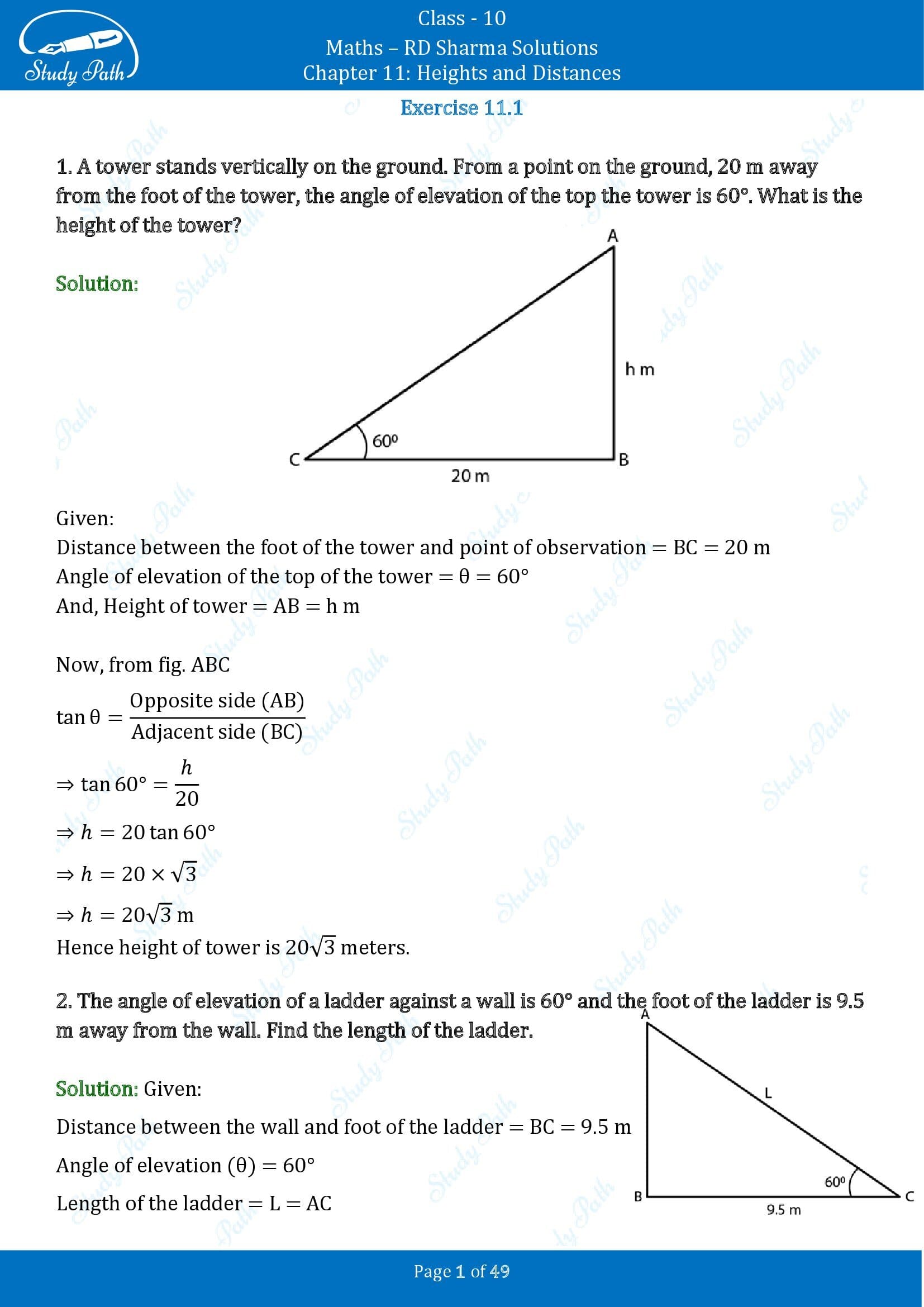 RD Sharma Solutions Class 10 Chapter 11 Heights and Distances Exercise 11.1 00001