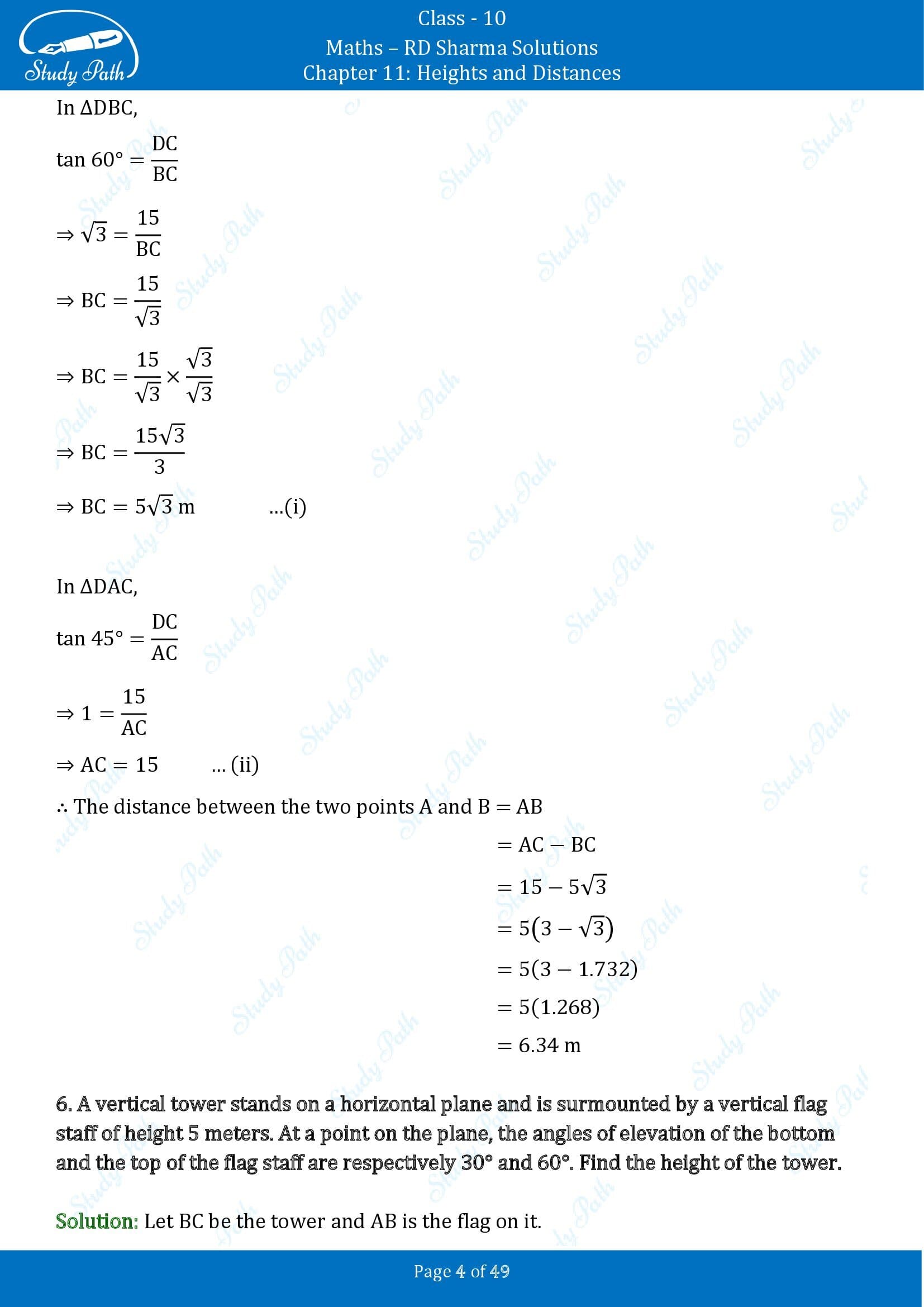 RD Sharma Solutions Class 10 Chapter 11 Heights and Distances Exercise 11.1 00004