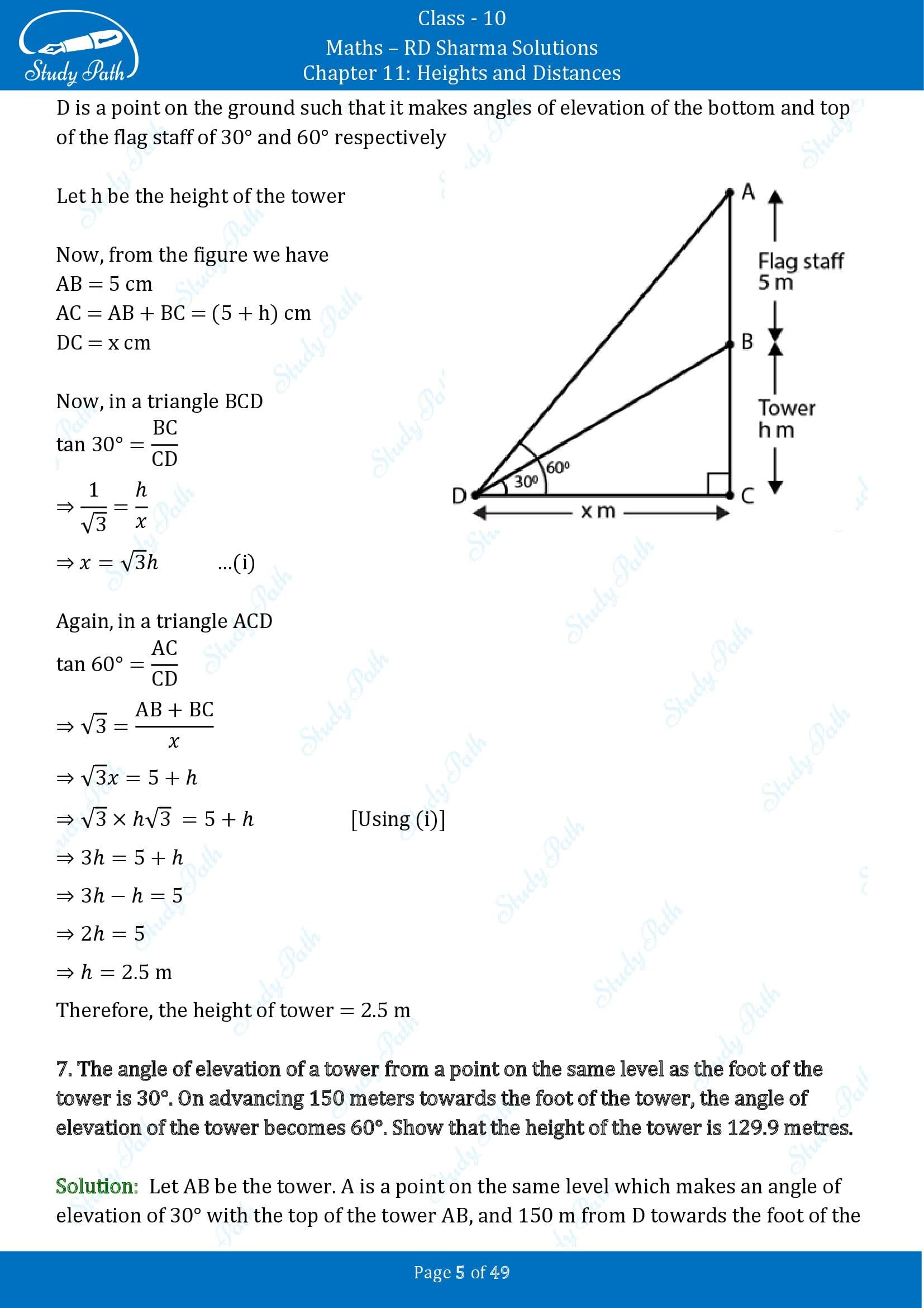 RD Sharma Solutions Class 10 Chapter 11 Heights and Distances Exercise 11.1 00005