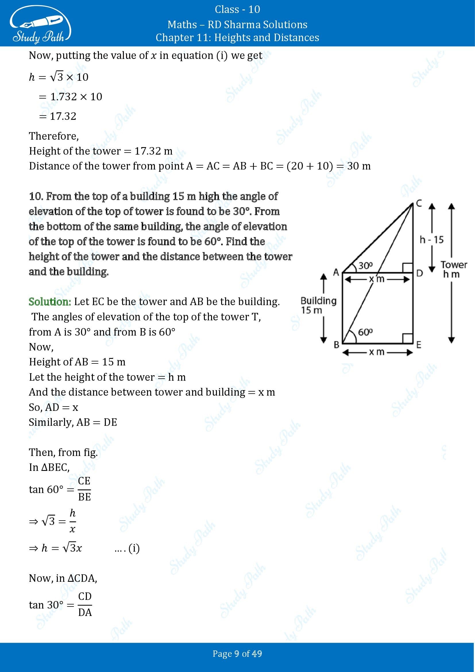 RD Sharma Solutions Class 10 Chapter 11 Heights and Distances Exercise 11.1 00009