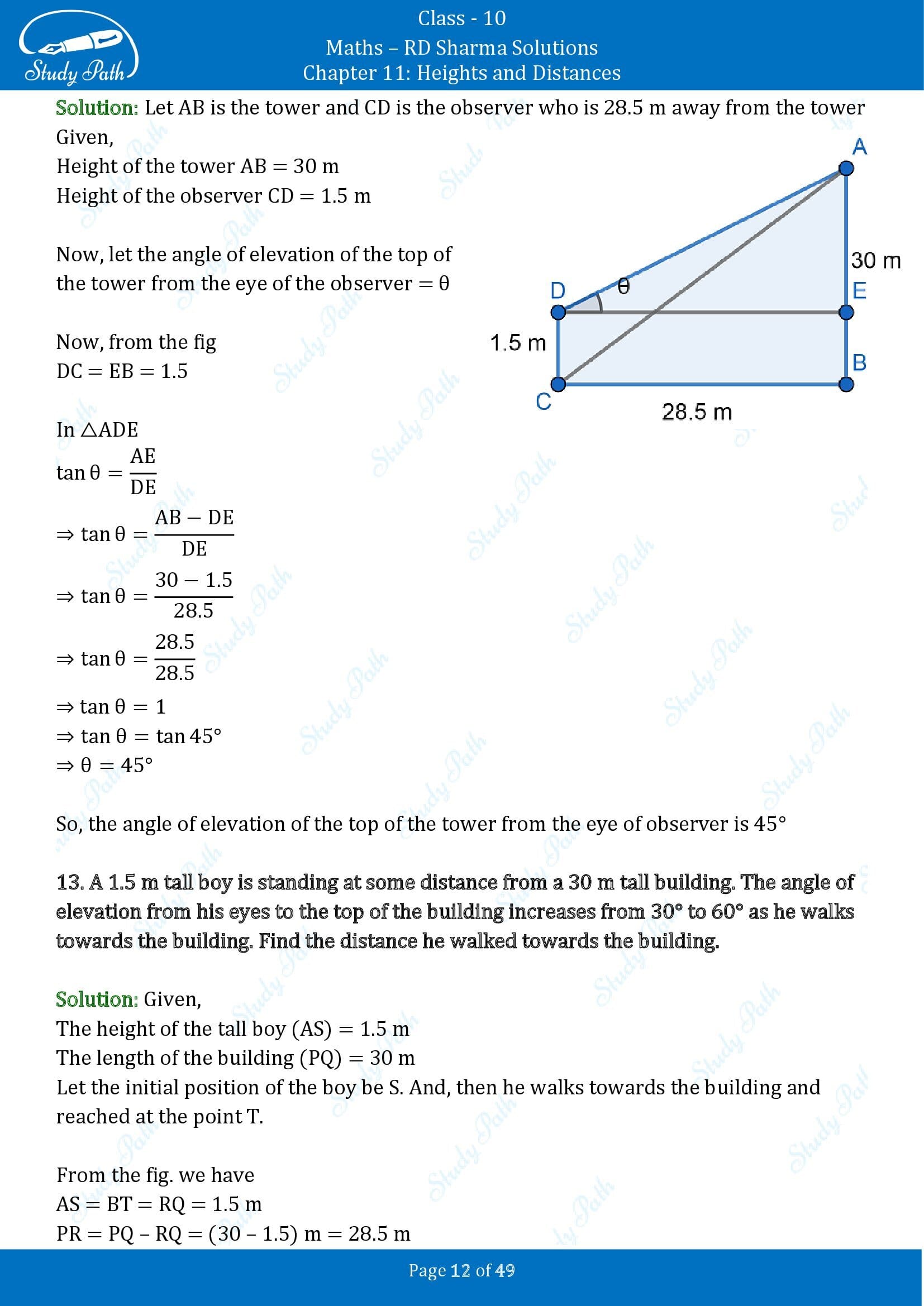 RD Sharma Solutions Class 10 Chapter 11 Heights and Distances Exercise 11.1 00012