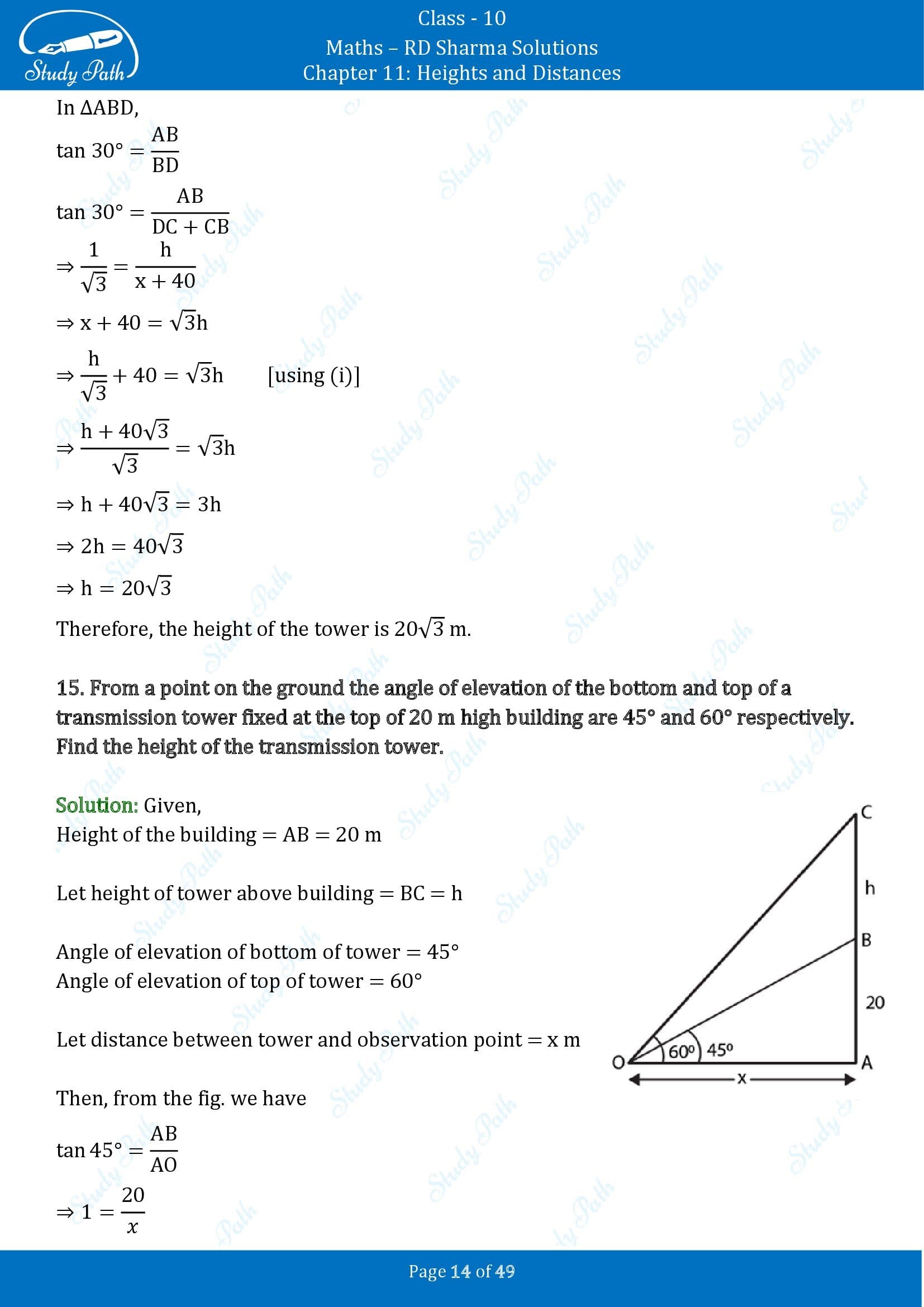 RD Sharma Solutions Class 10 Chapter 11 Heights and Distances Exercise 11.1 00014