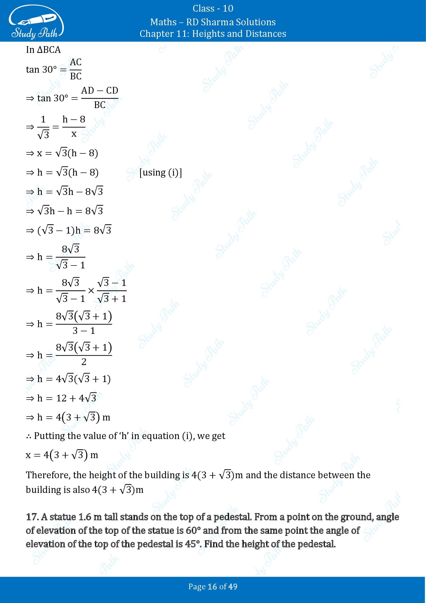 RD Sharma Solutions Class 10 Chapter 11 Heights and Distances Exercise 11.1 00016