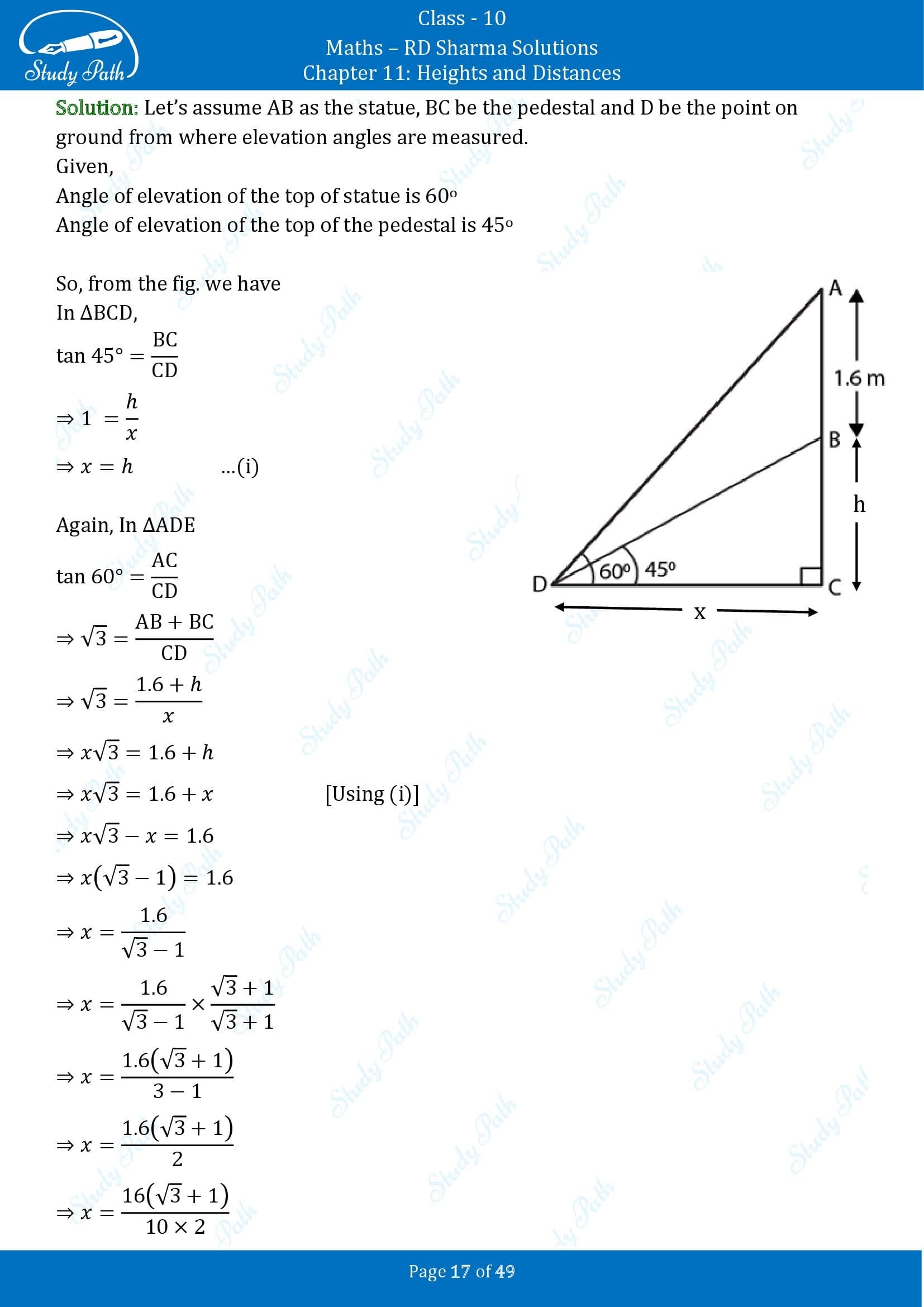 RD Sharma Solutions Class 10 Chapter 11 Heights and Distances Exercise 11.1 00017