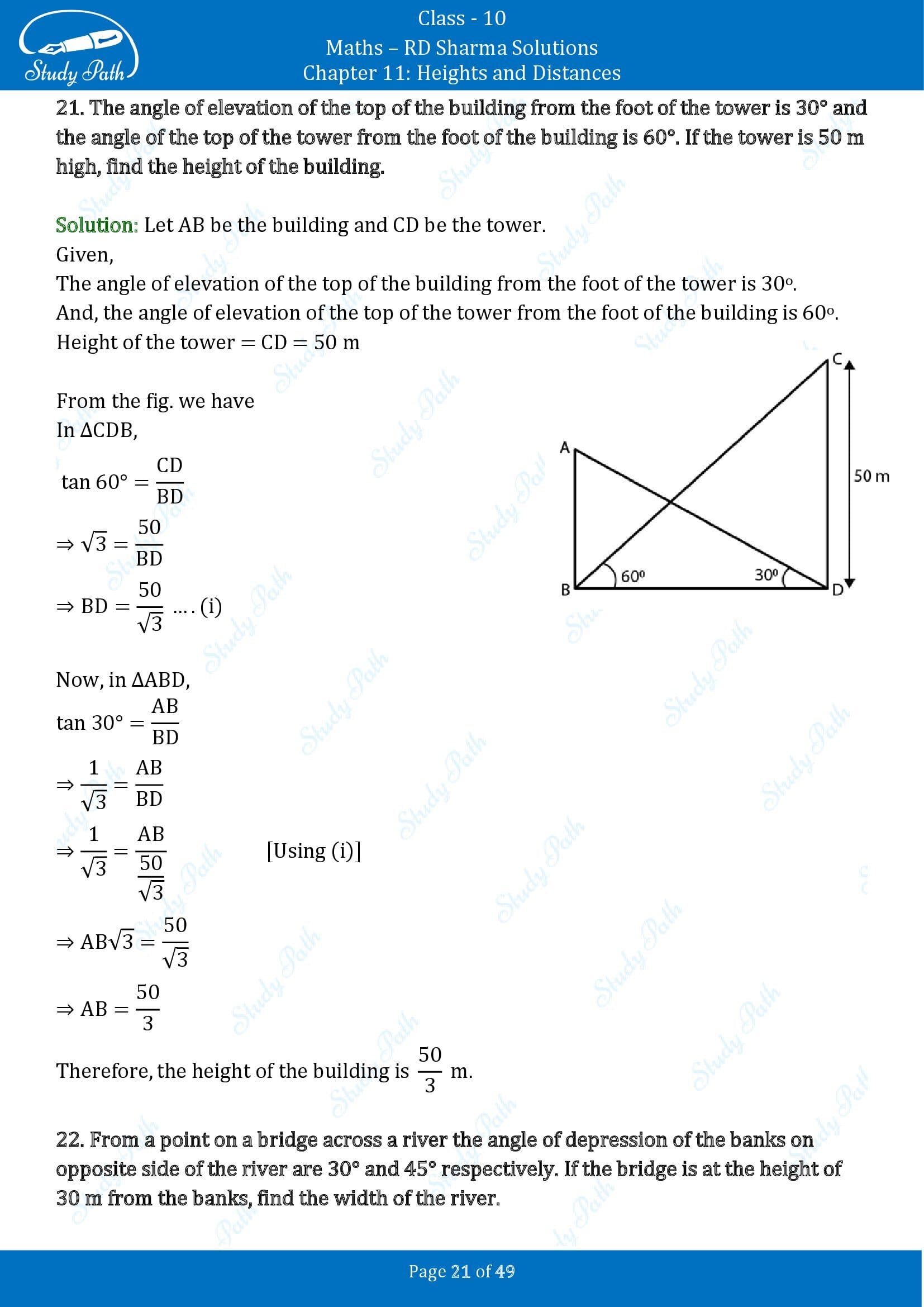 RD Sharma Solutions Class 10 Chapter 11 Heights and Distances Exercise 11.1 00021