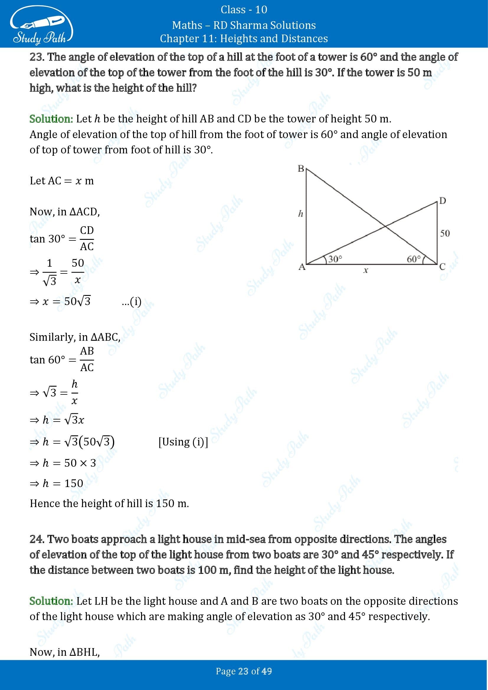 RD Sharma Solutions Class 10 Chapter 11 Heights and Distances Exercise 11.1 00023