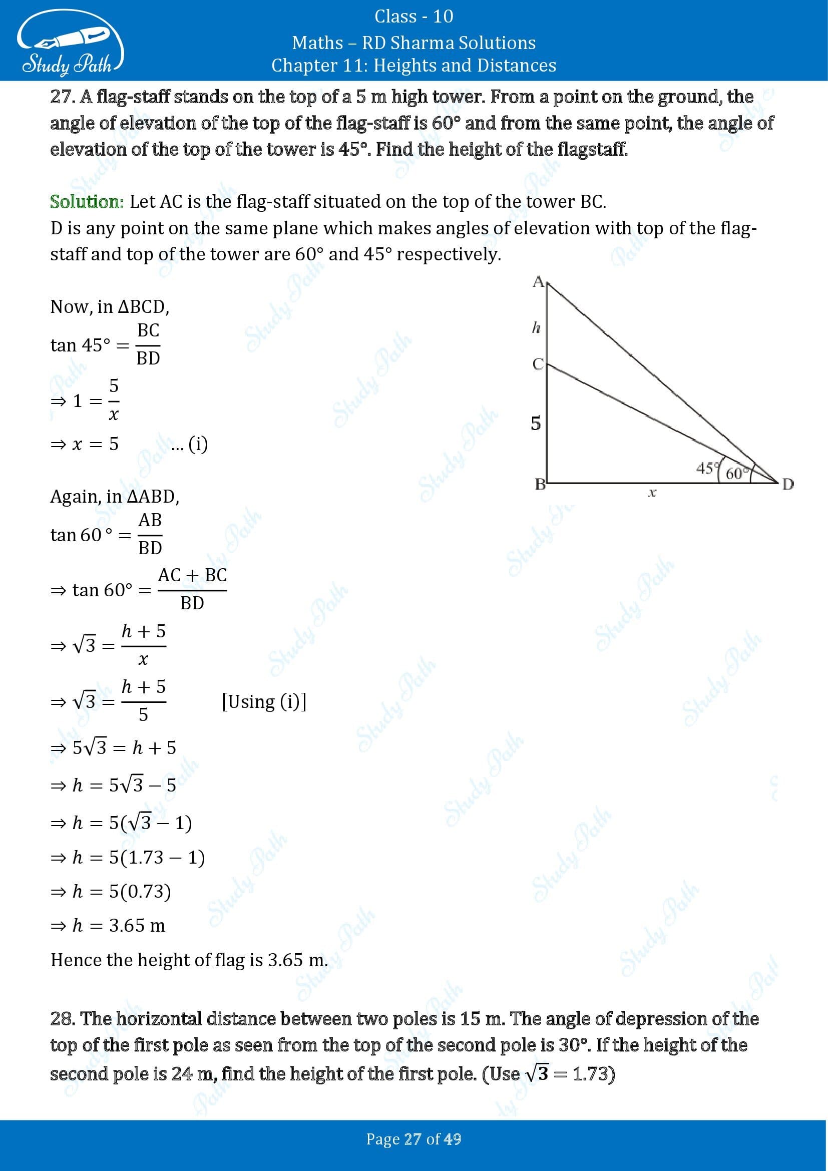 RD Sharma Solutions Class 10 Chapter 11 Heights and Distances Exercise 11.1 00027