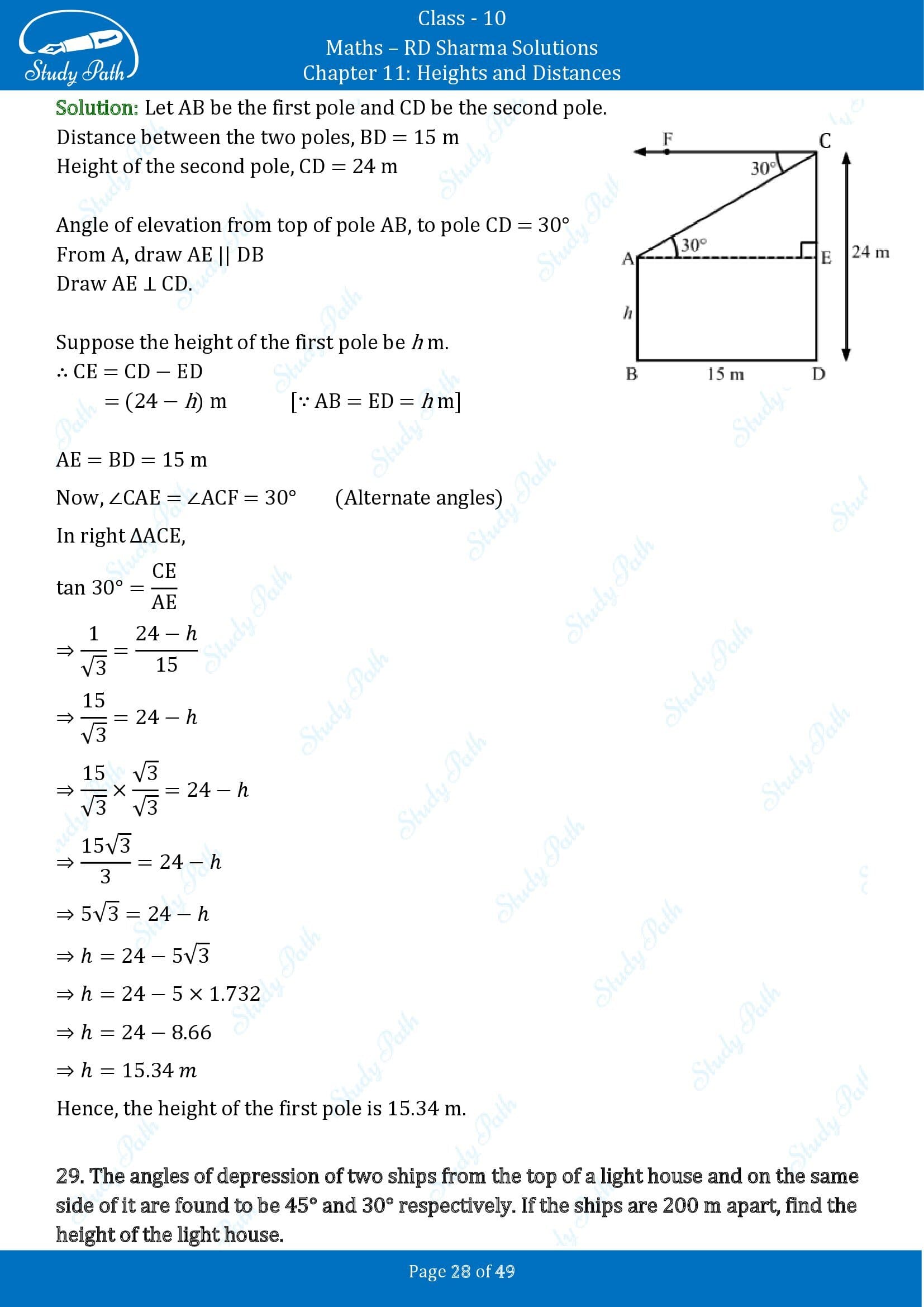 RD Sharma Solutions Class 10 Chapter 11 Heights and Distances Exercise 11.1 00028