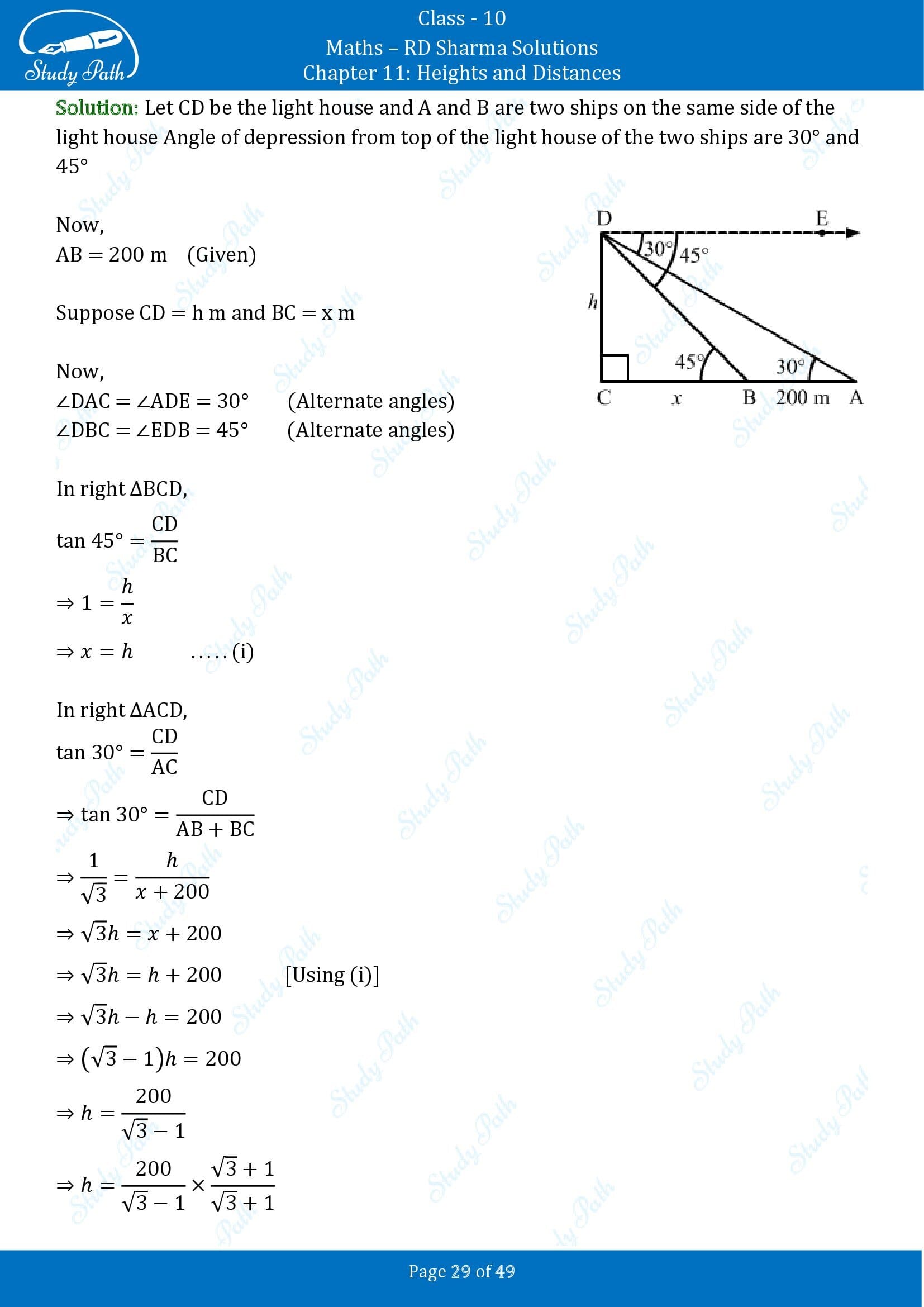 RD Sharma Solutions Class 10 Chapter 11 Heights and Distances Exercise 11.1 00029