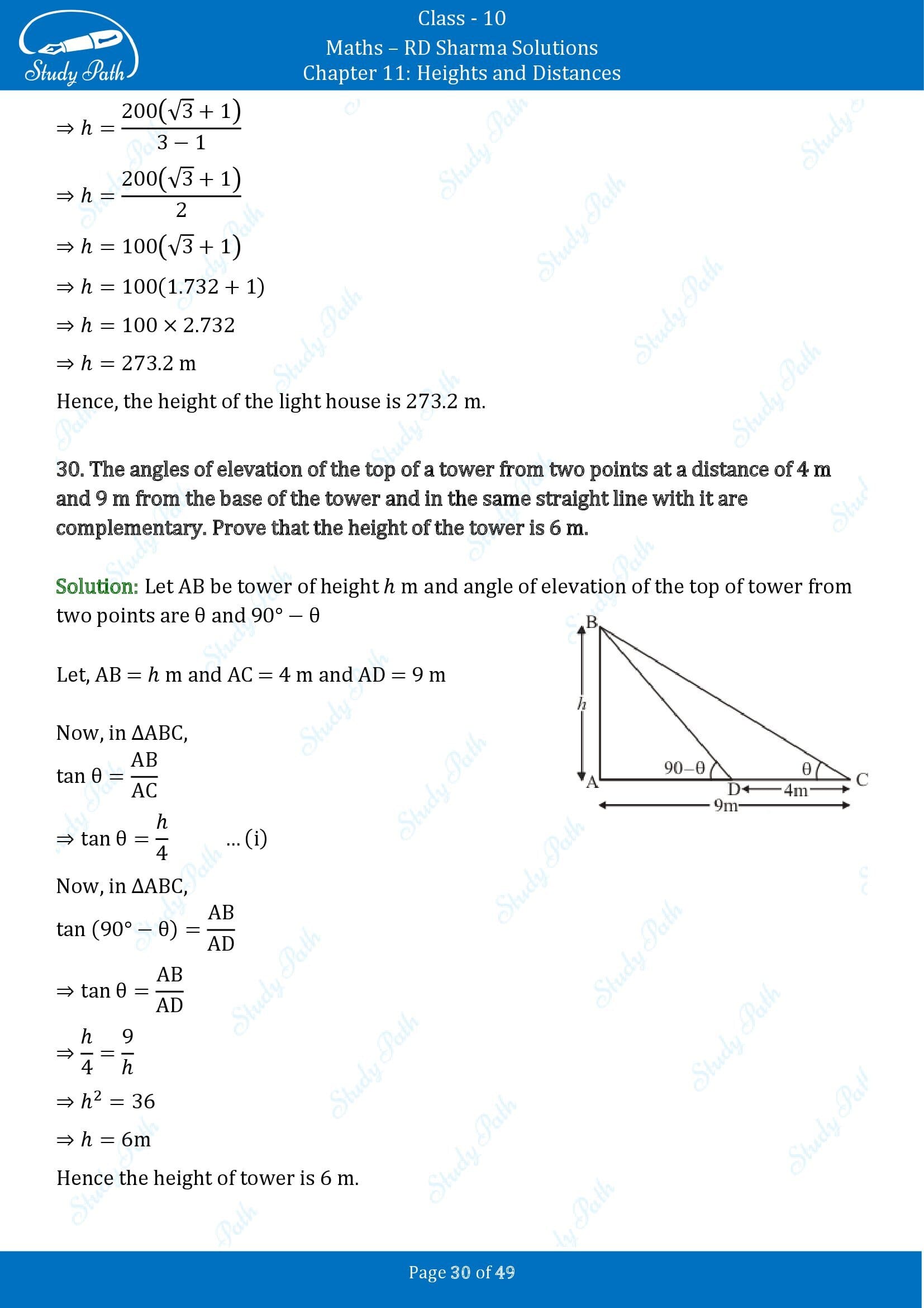 RD Sharma Solutions Class 10 Chapter 11 Heights and Distances Exercise 11.1 00030