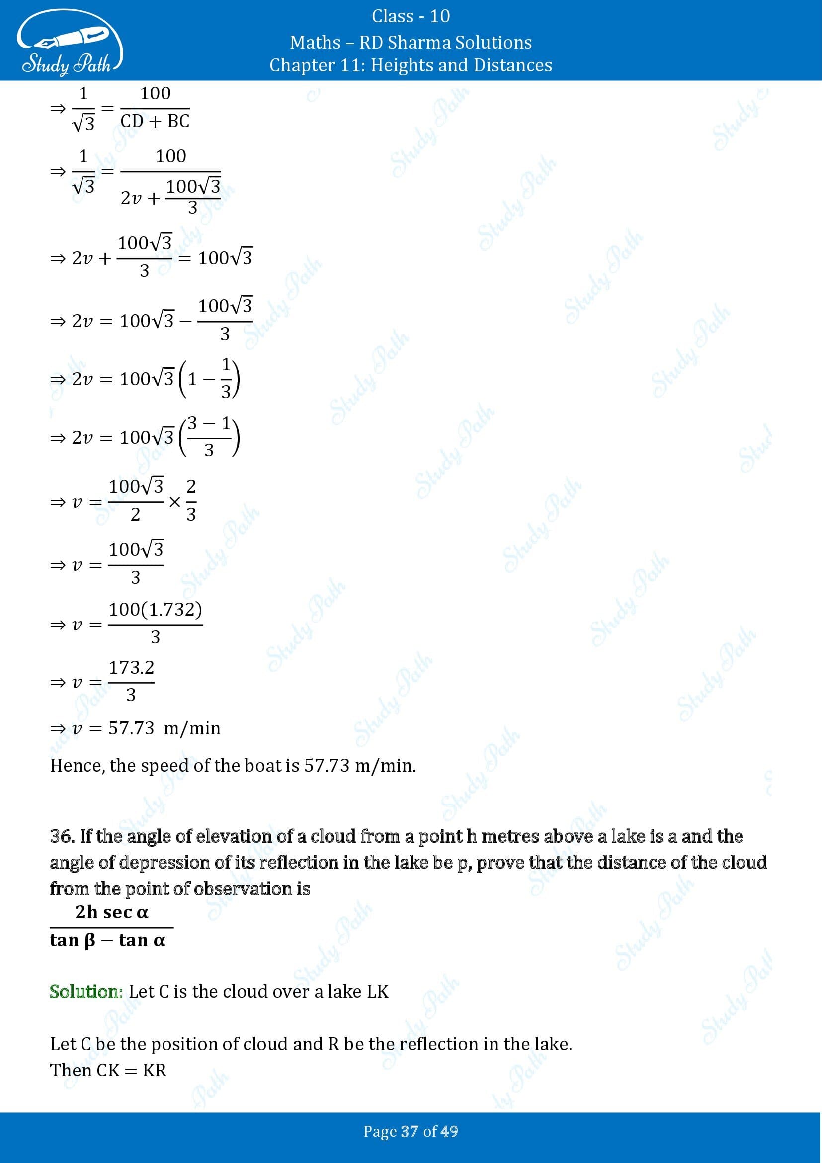 RD Sharma Solutions Class 10 Chapter 11 Heights and Distances Exercise 11.1 00037