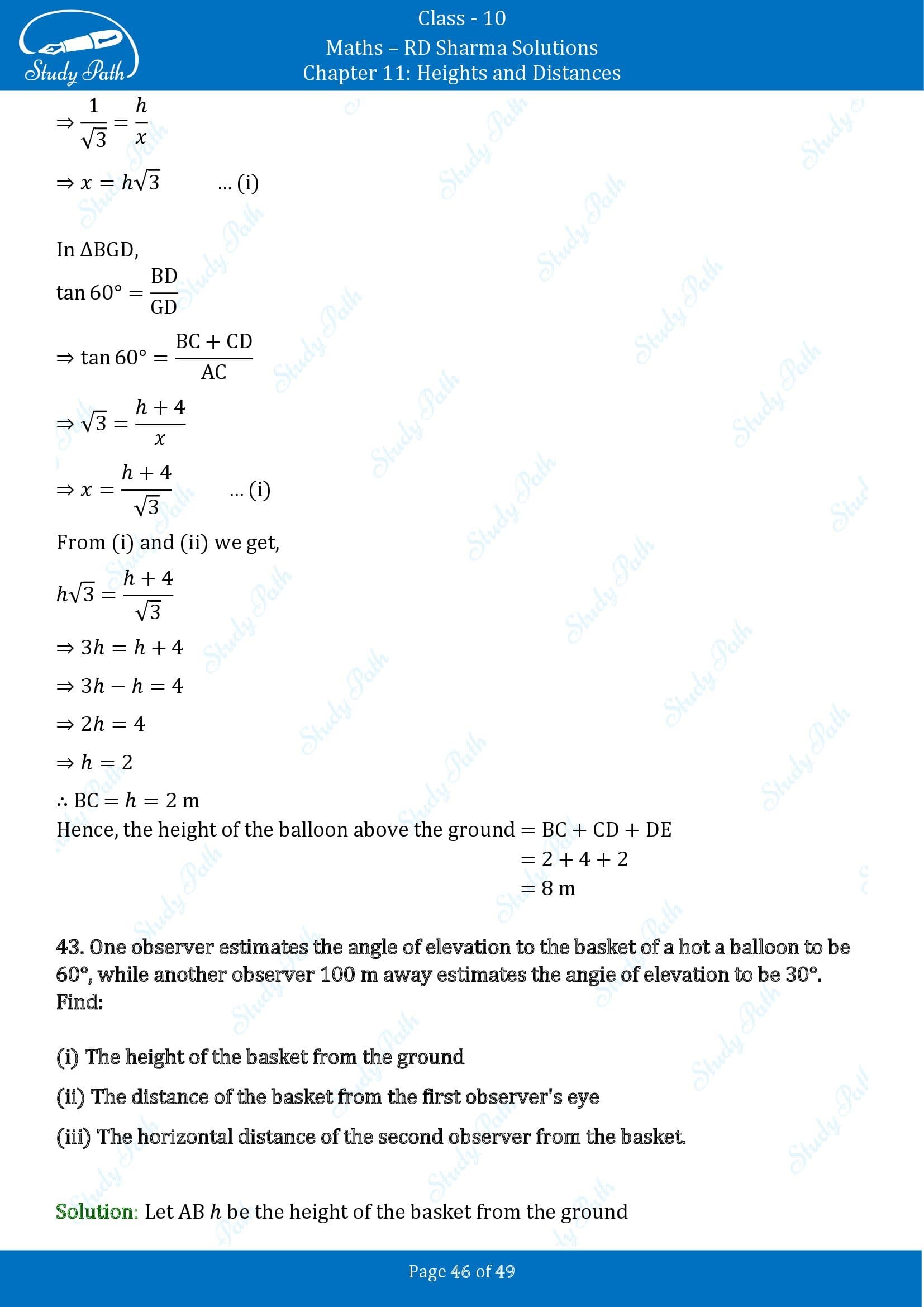 RD Sharma Solutions Class 10 Chapter 11 Heights and Distances Exercise 11.1 00046