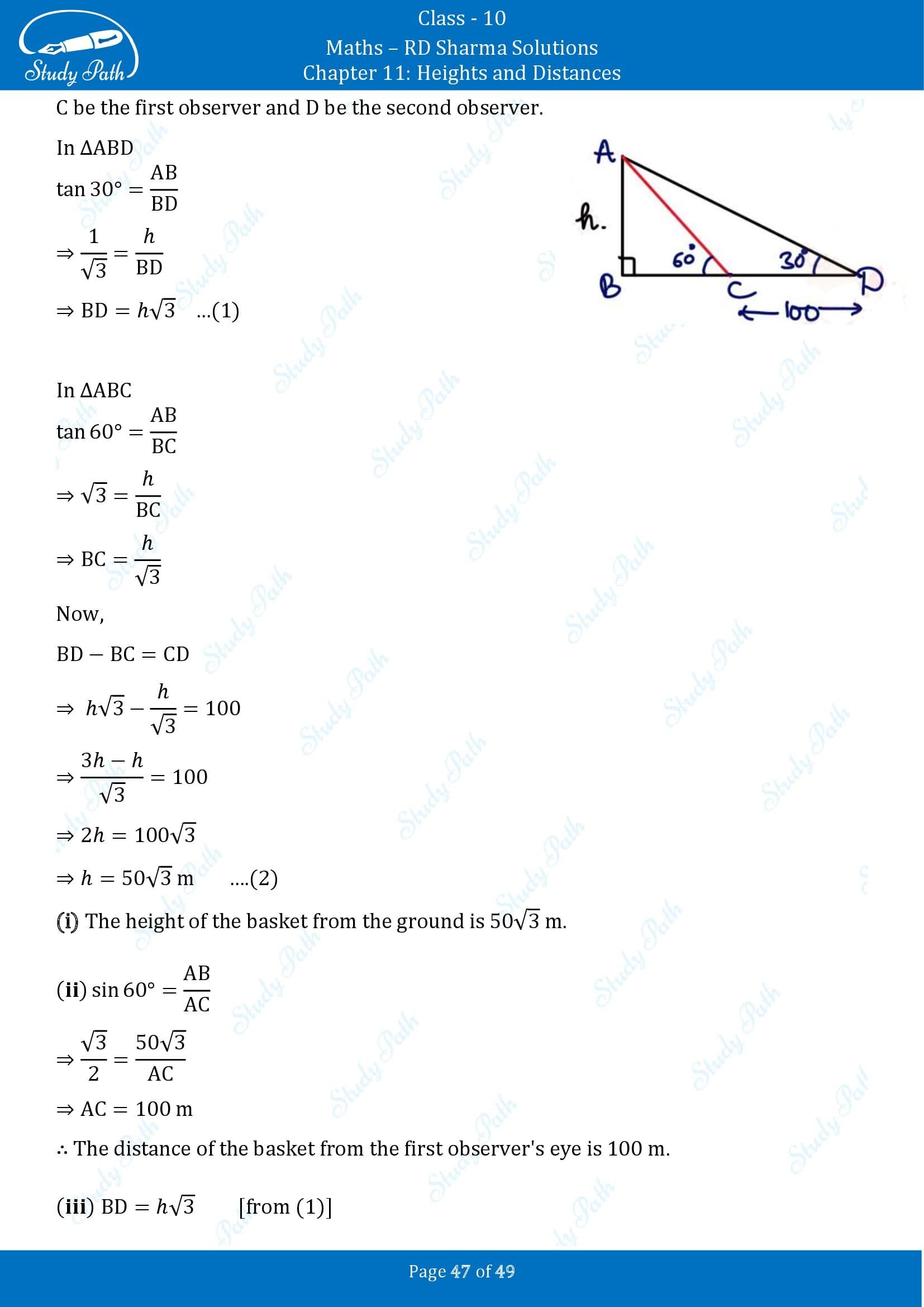 RD Sharma Solutions Class 10 Chapter 11 Heights and Distances Exercise 11.1 00047