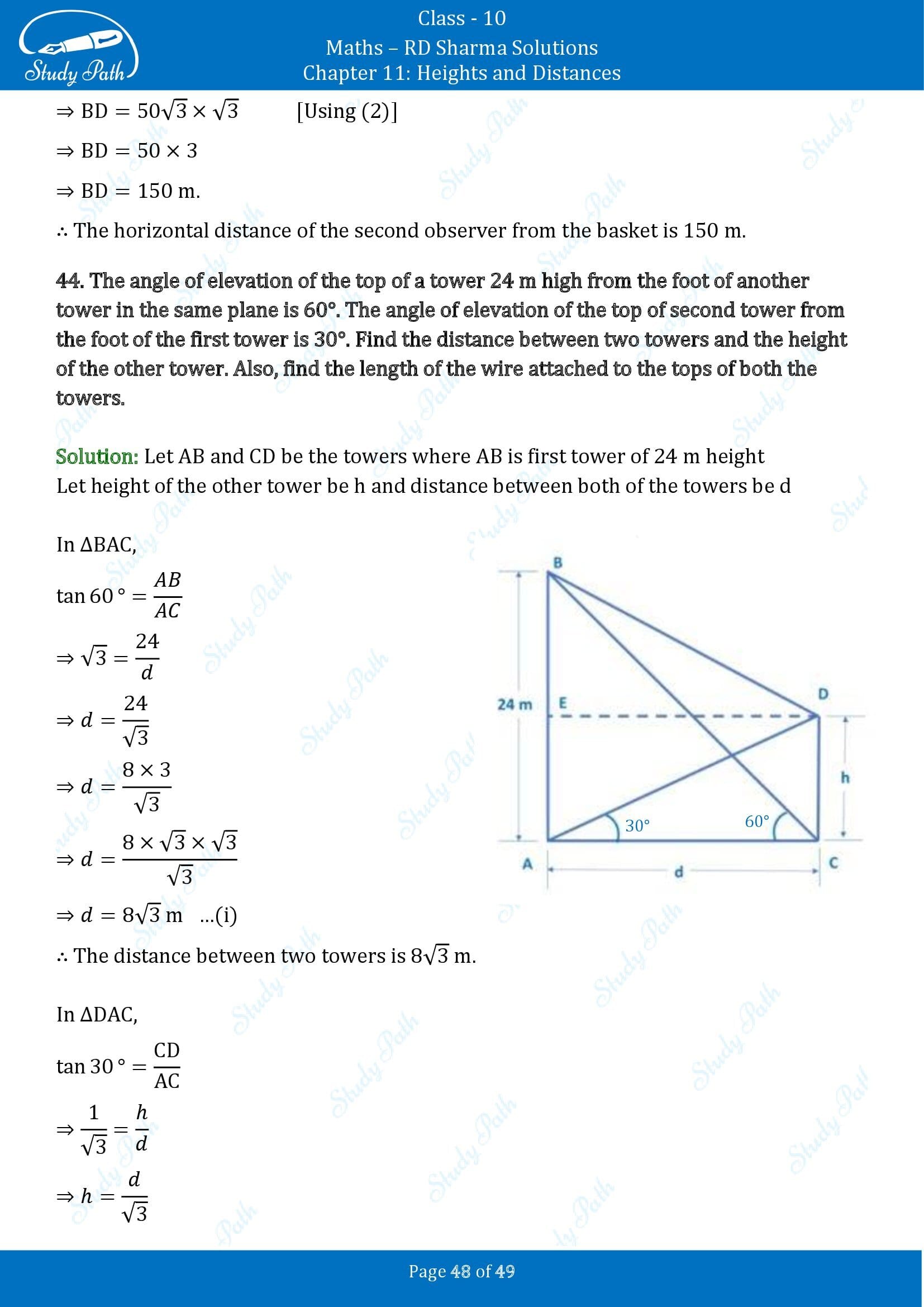 RD Sharma Solutions Class 10 Chapter 11 Heights and Distances Exercise 11.1 00048