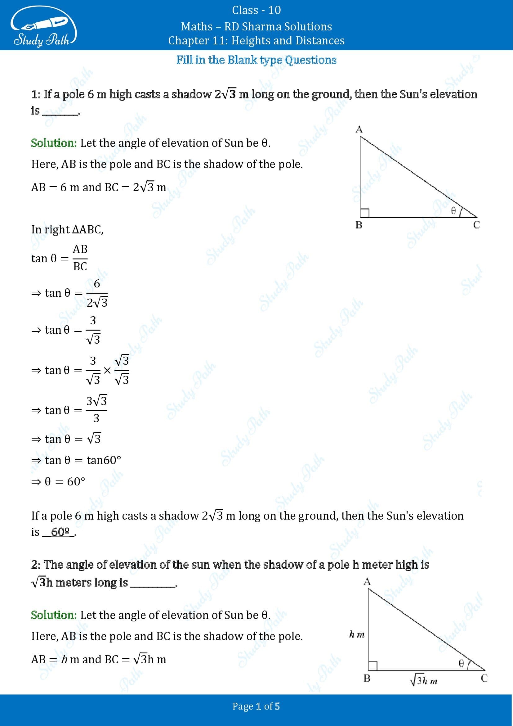 RD Sharma Solutions Class 10 Chapter 11 Heights and Distances Fill in the Blank Type Questions FBQs 00001