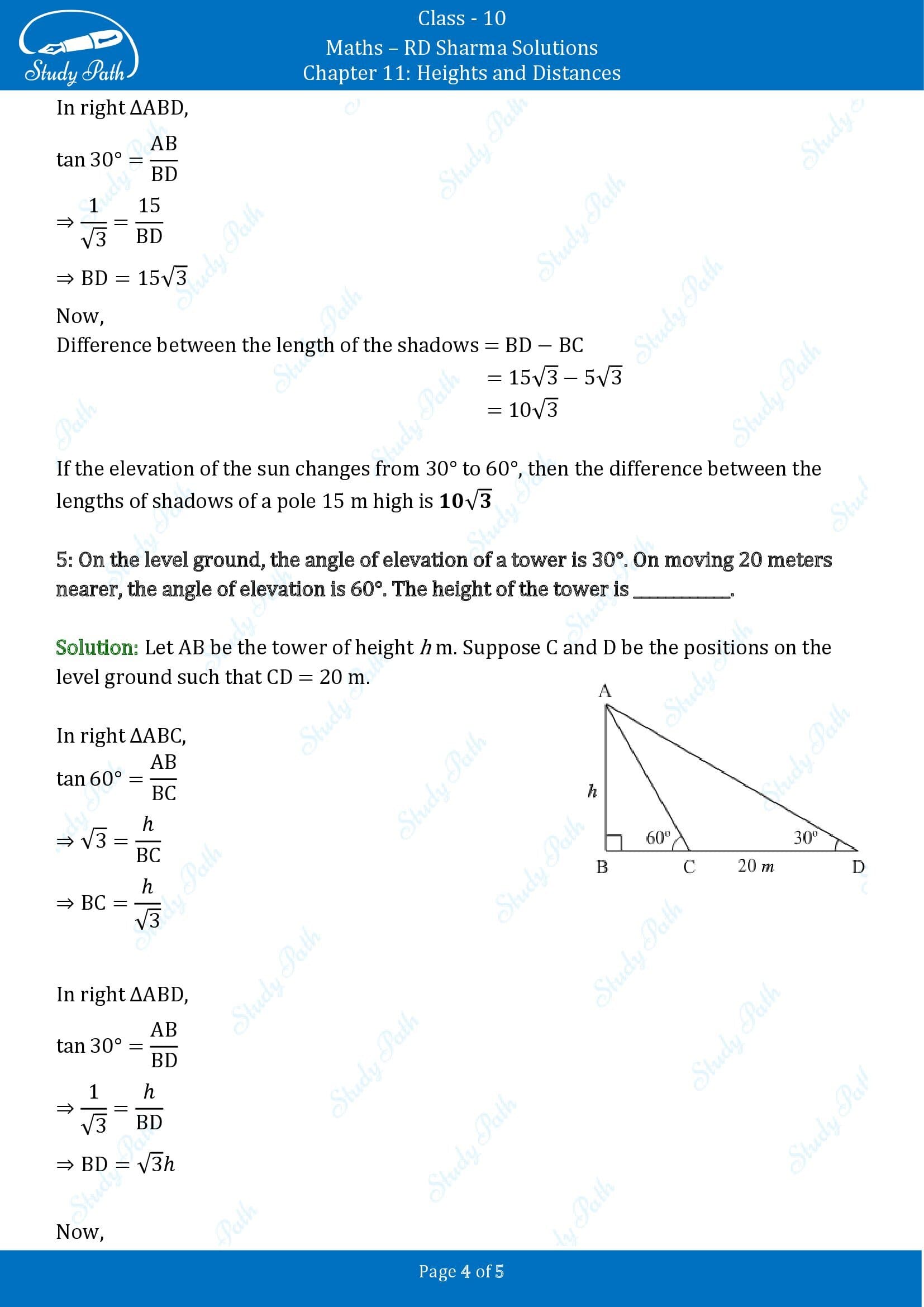 RD Sharma Solutions Class 10 Chapter 11 Heights and Distances Fill in the Blank Type Questions FBQs 00004