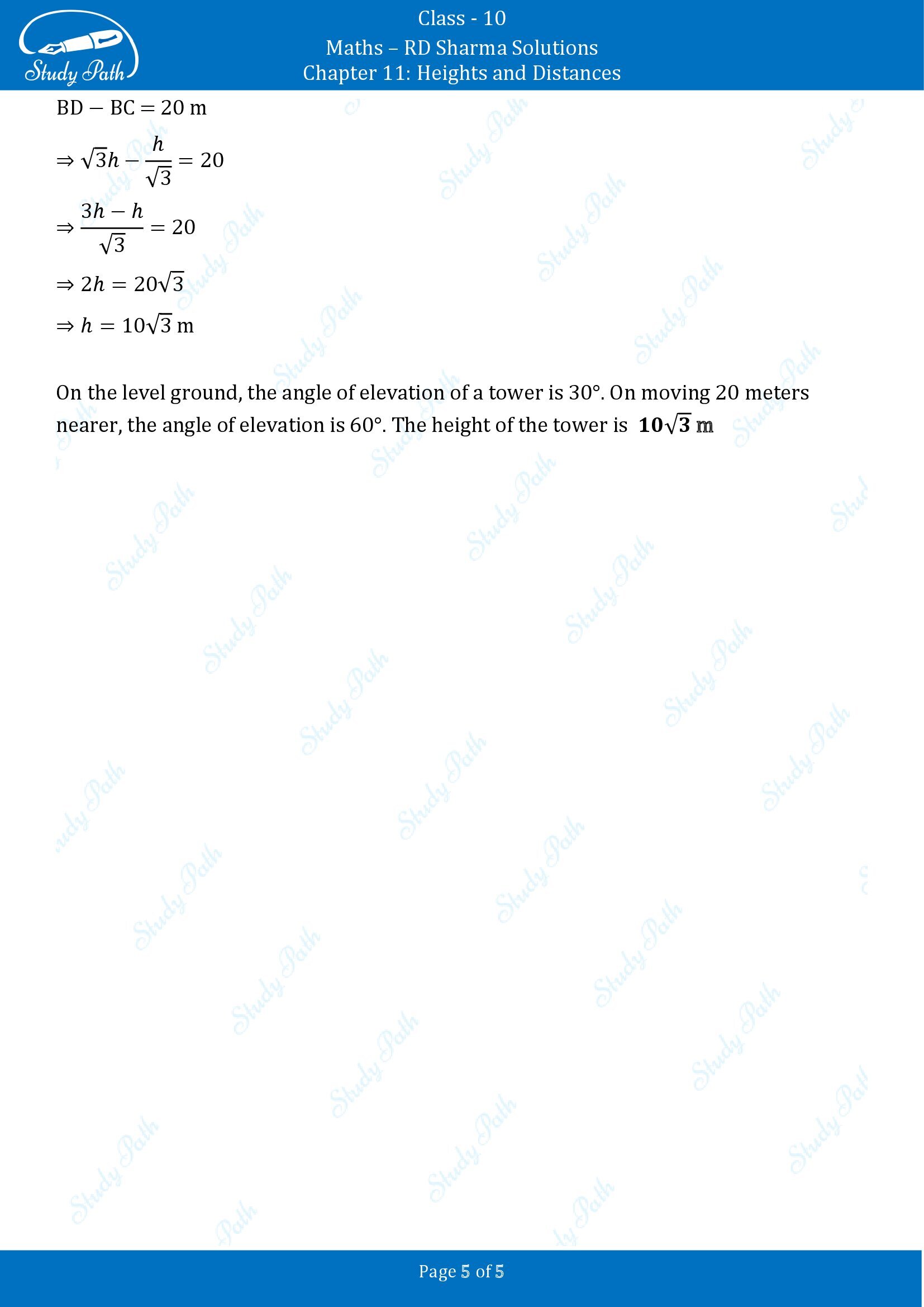 RD Sharma Solutions Class 10 Chapter 11 Heights and Distances Fill in the Blank Type Questions FBQs 00005