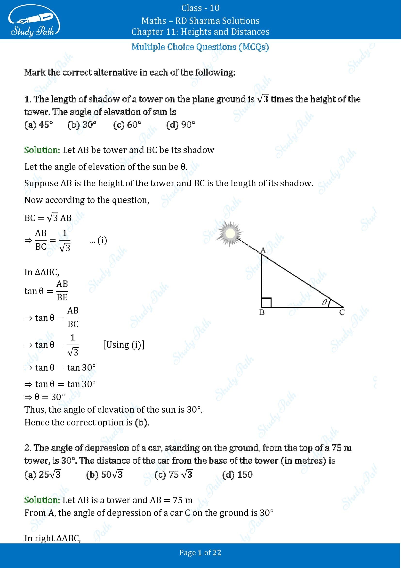 RD Sharma Solutions Class 10 Chapter 11 Heights and Distances Multiple Choice Questions MCQs 00001