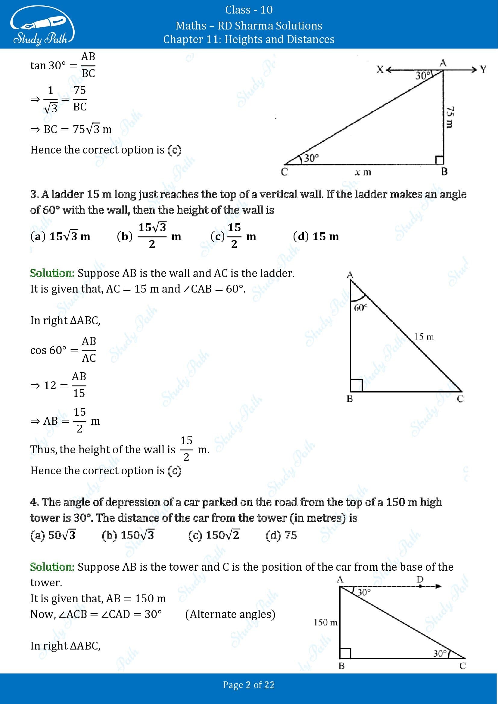 RD Sharma Solutions Class 10 Chapter 11 Heights and Distances Multiple Choice Questions MCQs 00002