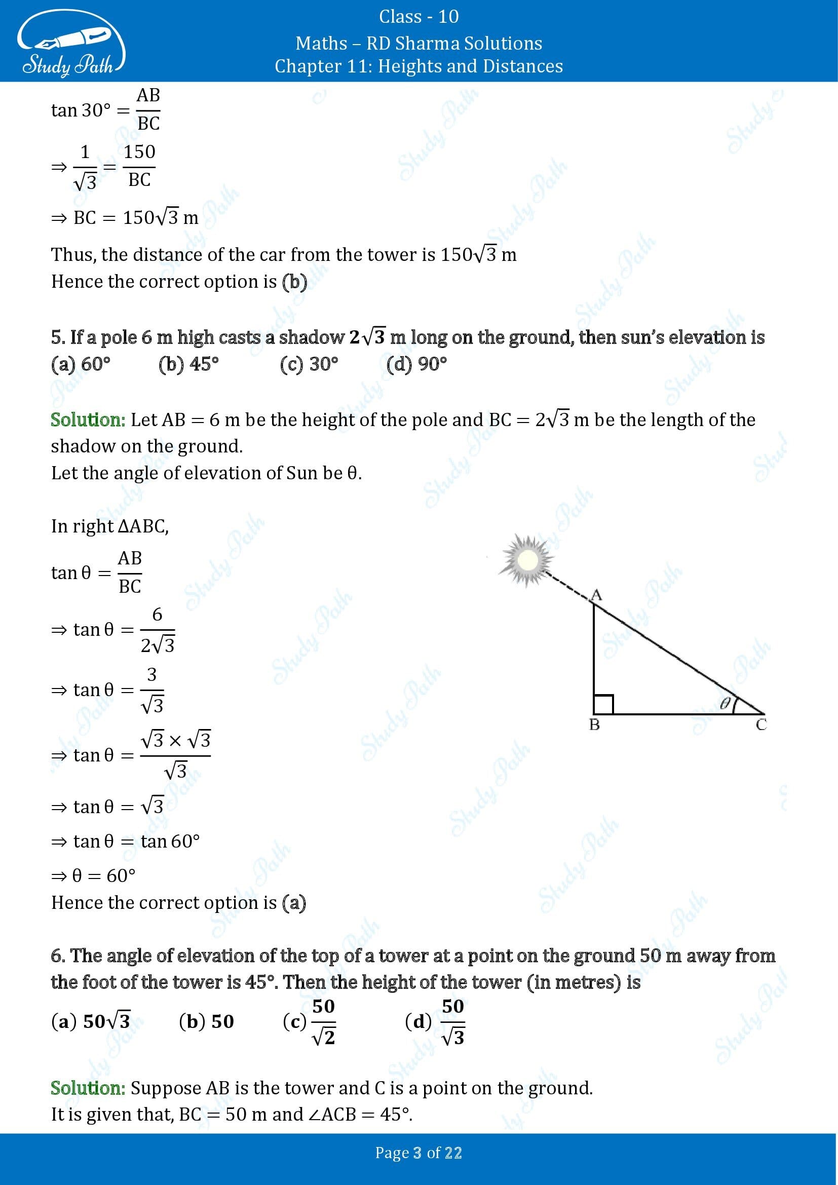 RD Sharma Solutions Class 10 Chapter 11 Heights and Distances Multiple Choice Questions MCQs 00003